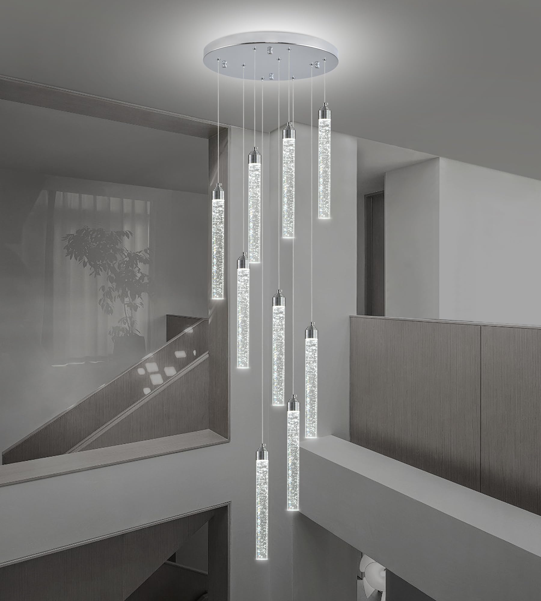 YwueChwu Crystal Staircase Chandelier, 9 Lights, Dimmable LED, Silver, Model YWSC-S09-0116