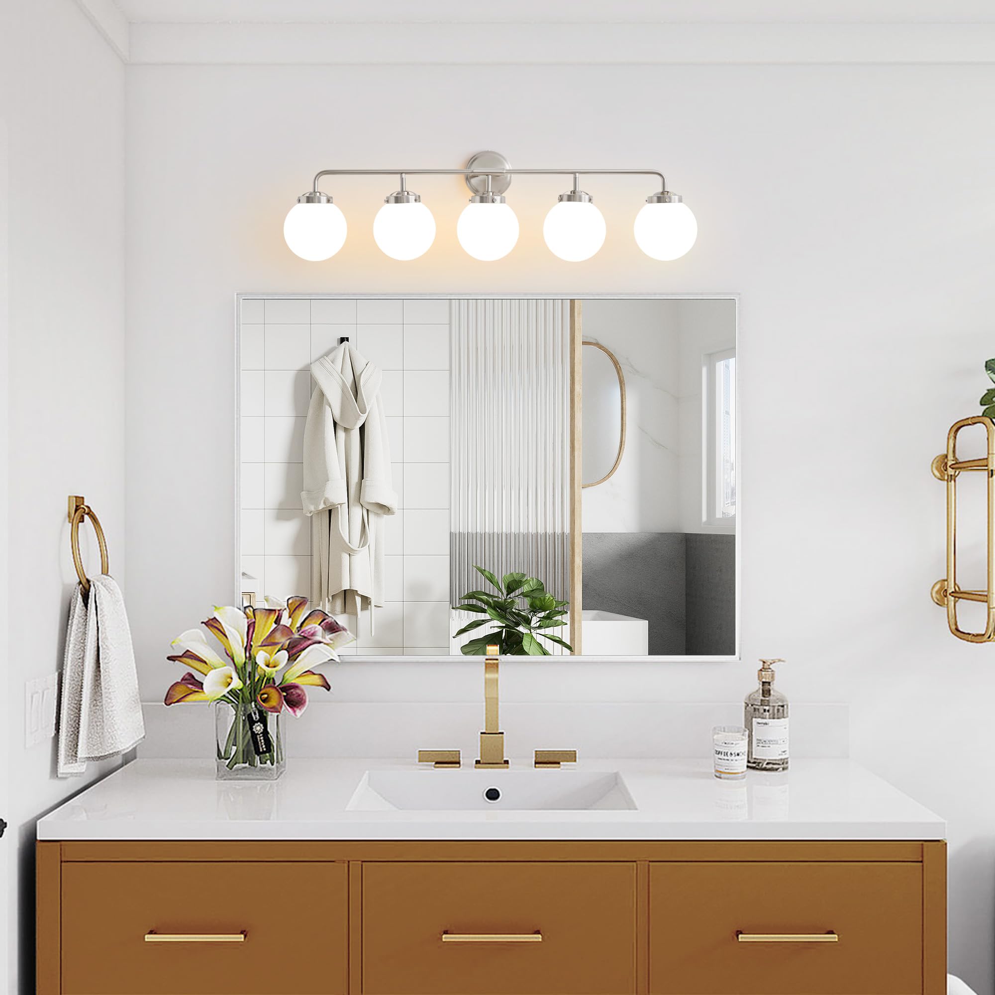 Deyidn Bathroom Light Fixtures Over Mirror, Brushed Nickel Modern Vanity Lighting With Milk White Glass Globe Shades 5-Light Far