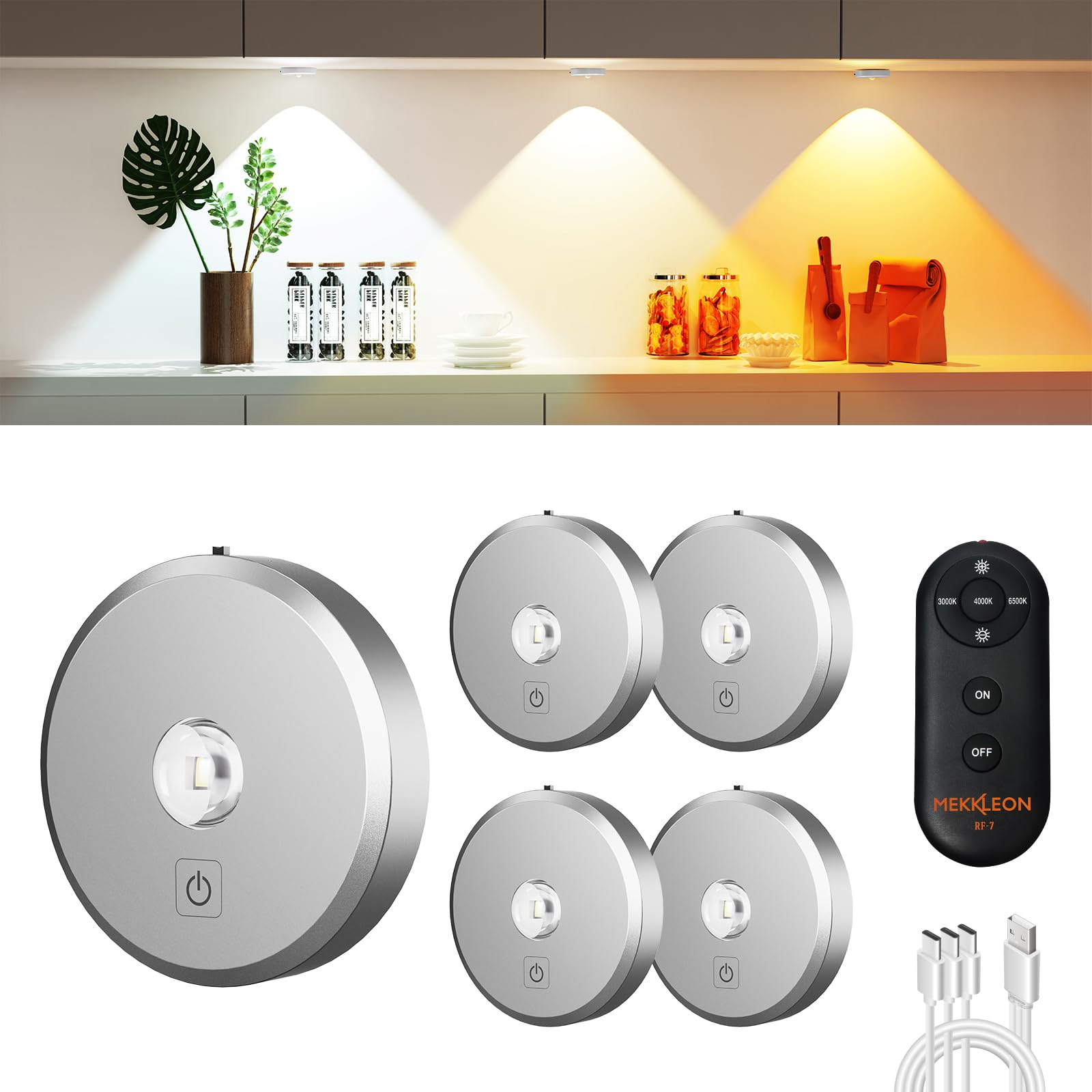 MEKKLEON Puck Lights with Remote Control Rechargeable,Wireless Under Cabinet Lighting,2000mAh Battery Operated Tap Push Touch Li