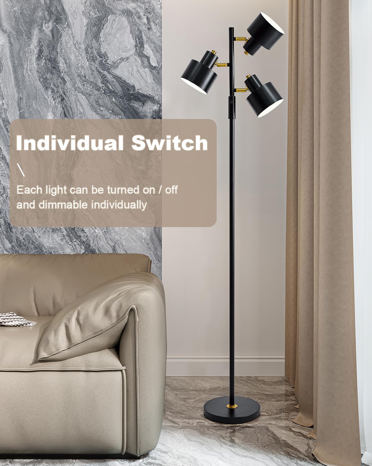 OYEARS Floor Lamp, 3-Light LED Metal Light, Modern Vintage Design, Black, Model AMZ-F475 for Living Room, Office, Bedroom