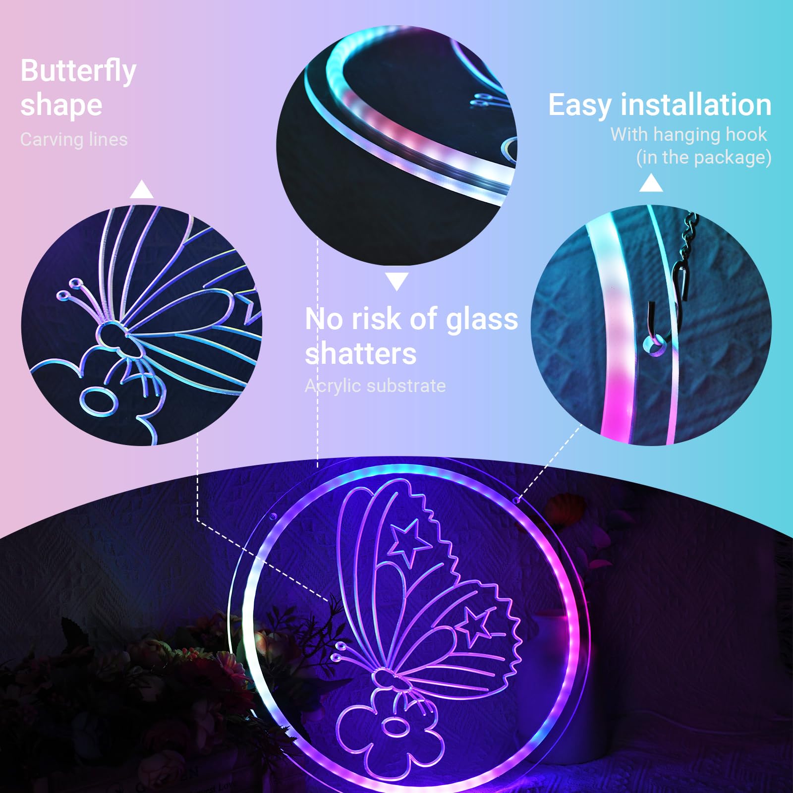 Butterfly Decorations Led Light - Single Color/Multi-Color Adjustable Neon Sign For Room Decor  13 X 13  Usb Powered Kids Bedroom Art  Unique Birthday Gifts For Girls Boys
