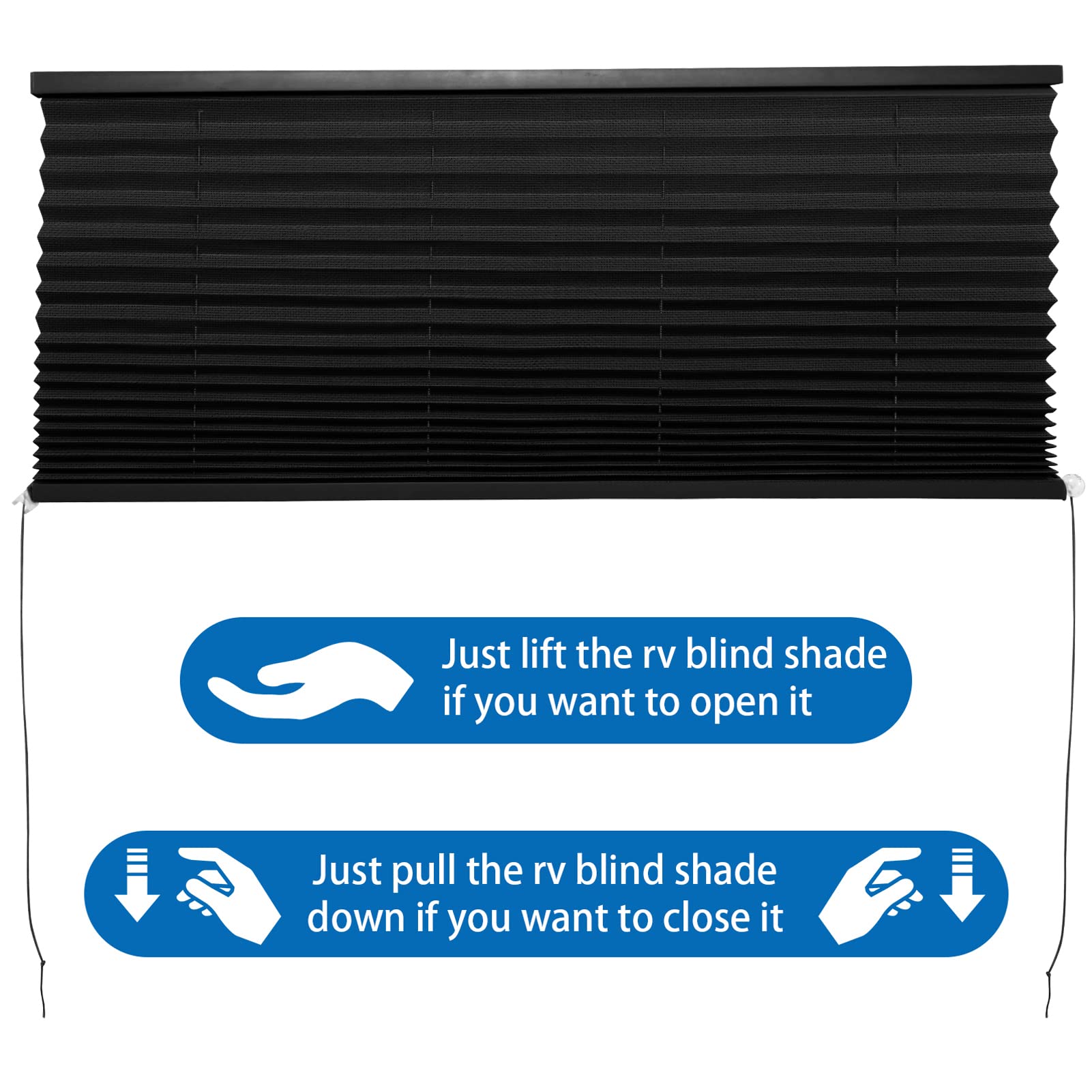 NOVINO RV Blinds for Camper Windows - Pleated Shade 50"W x 38"H, Black, Ideal for Travel Trailers and Motorhomes