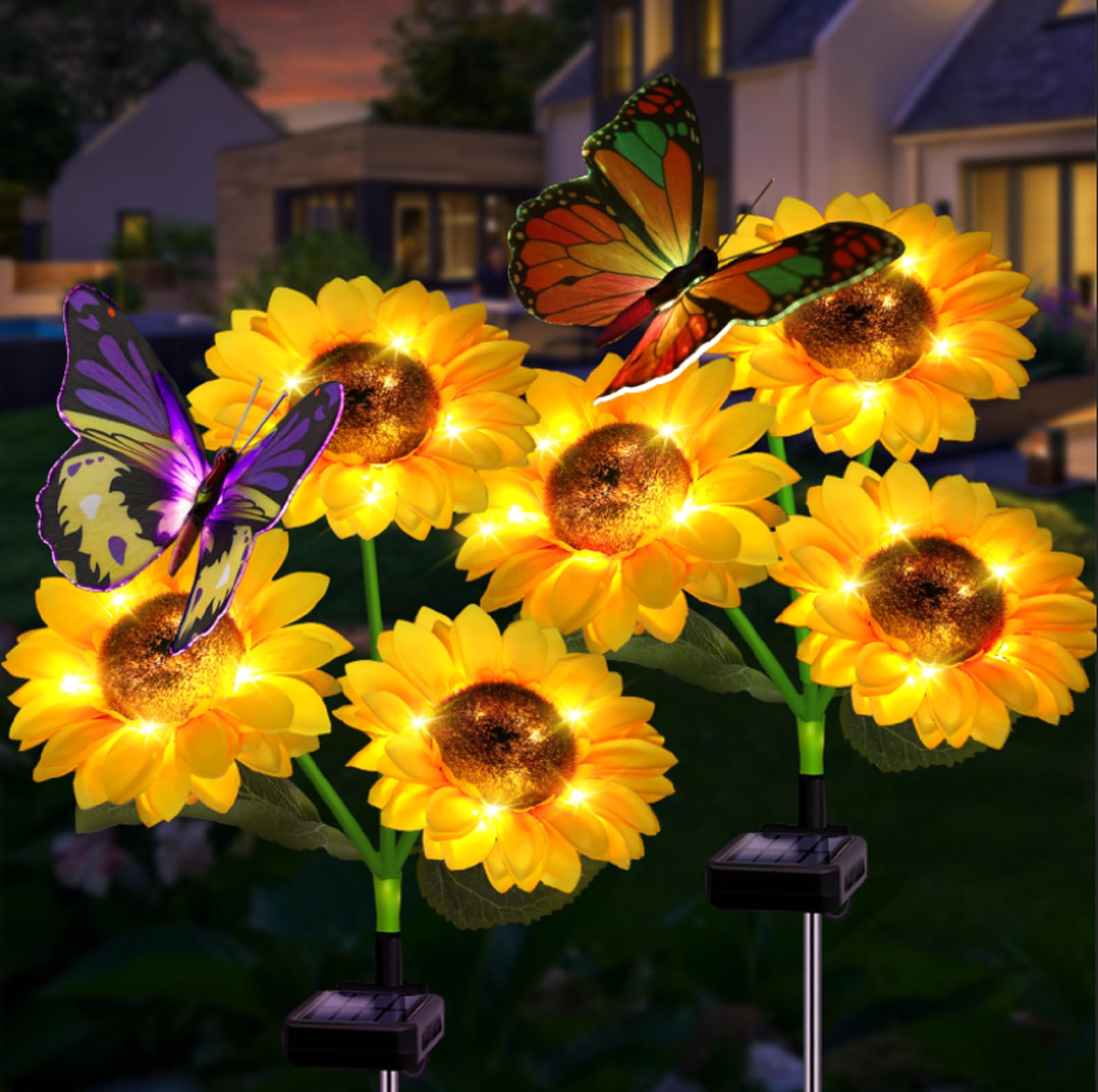 Solar Sunflower Outdoor Garden Lights, 2 Pack Solar Flower with Butterfly Waterproof Garden Decor, Gifts for Mom Grandma, Waterp