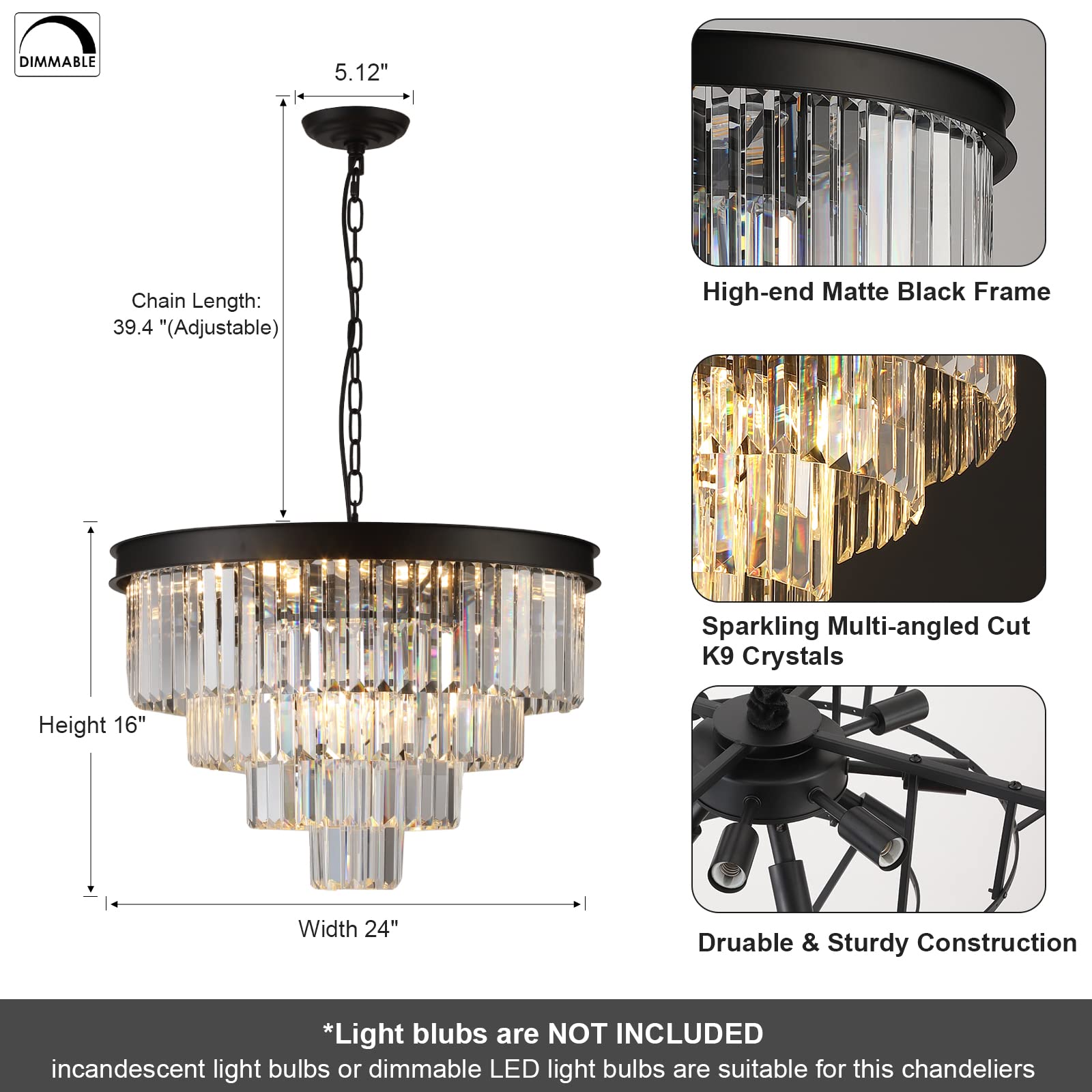 A AXILIXI Modern Crystal Chandelier, 24" Round, Adjustable, K9 Crystals, 12-Light, Black, Model 88318-600, for Dining Room, Living Room
