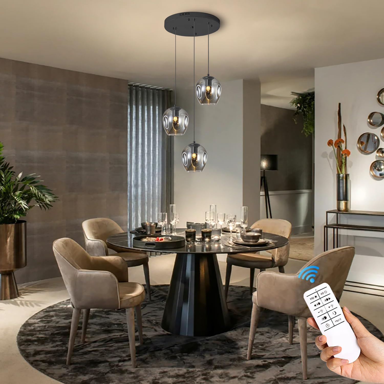 3-Light Black Chandelier With Led Bulbs & Smoke Gray Glass Shade Ceiling Light Pendant Light For Kitchen Island, Dining Room, Li