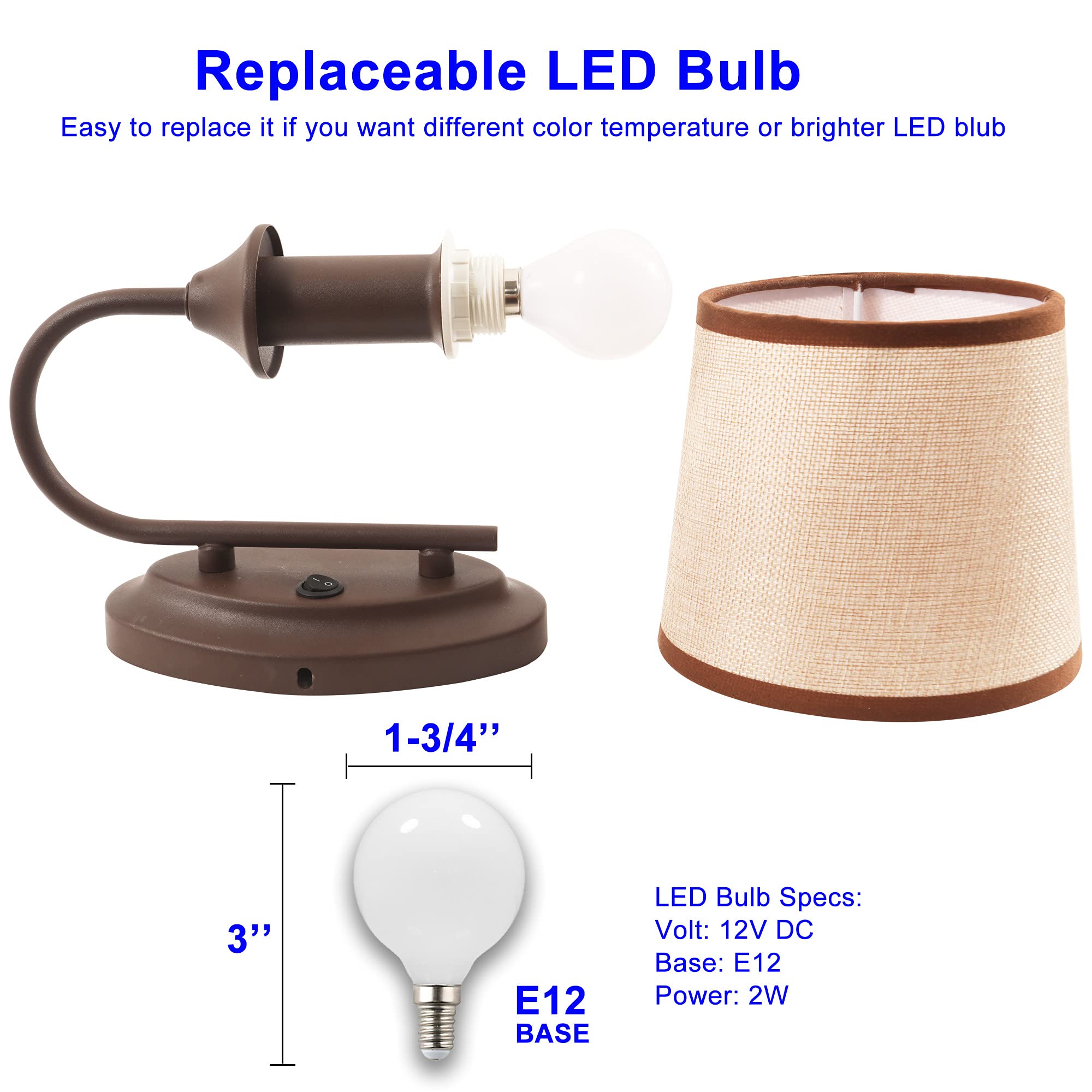 Maichis 12V Led Rv Wall Sconce With On/Off Switch (Led Bulb Included), Decorative Fabric Light Fixture With 1X Led Bulb, 12Volts Interior Light For Rv, Motorhome, Camper, Boat