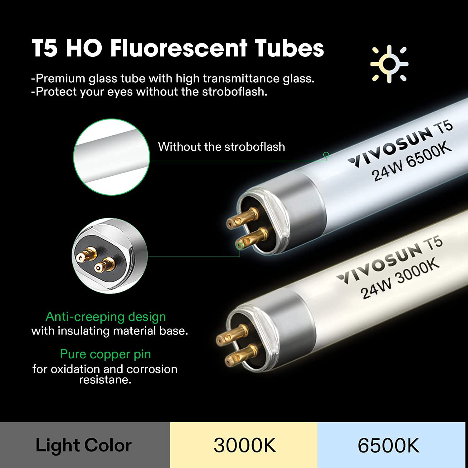 Vivosun T5 Grow Light Bulbs 2 Ft 22 Inches, 24W 6500K Ho Fluorescent Tubes Light Bulbs, Cool White T5 Bulb For 22 Inches T5 Light Fixtures, T5 Grow Lights For Indoor Plants, 2 Ft 24W Pack Of 5