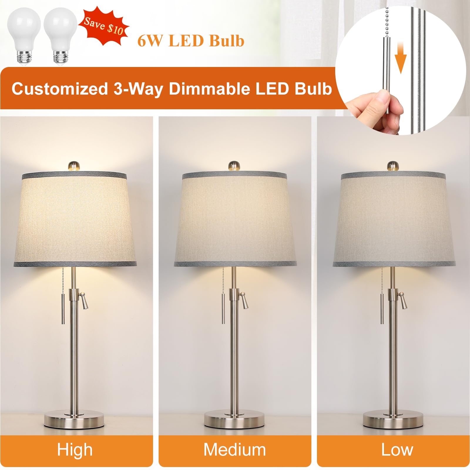 JUNNAI Adjustable Height Table Lamps Set of 2, Silver with Gray Shade, 22" to 30" for Bedroom and Living Room, Bulbs Included