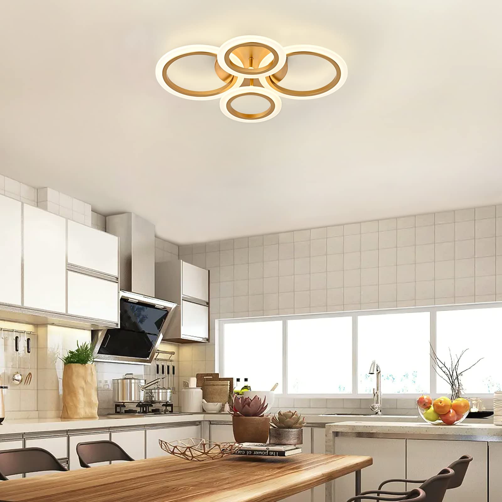 Teminbu Modern Led Ceiling Light, Gold 4 Rings Flush Mount Ceiling Light, 4000K Lighting Fixture Ceiling Lamp For Kitchen, Bedroom, Living Room, Laundry Room