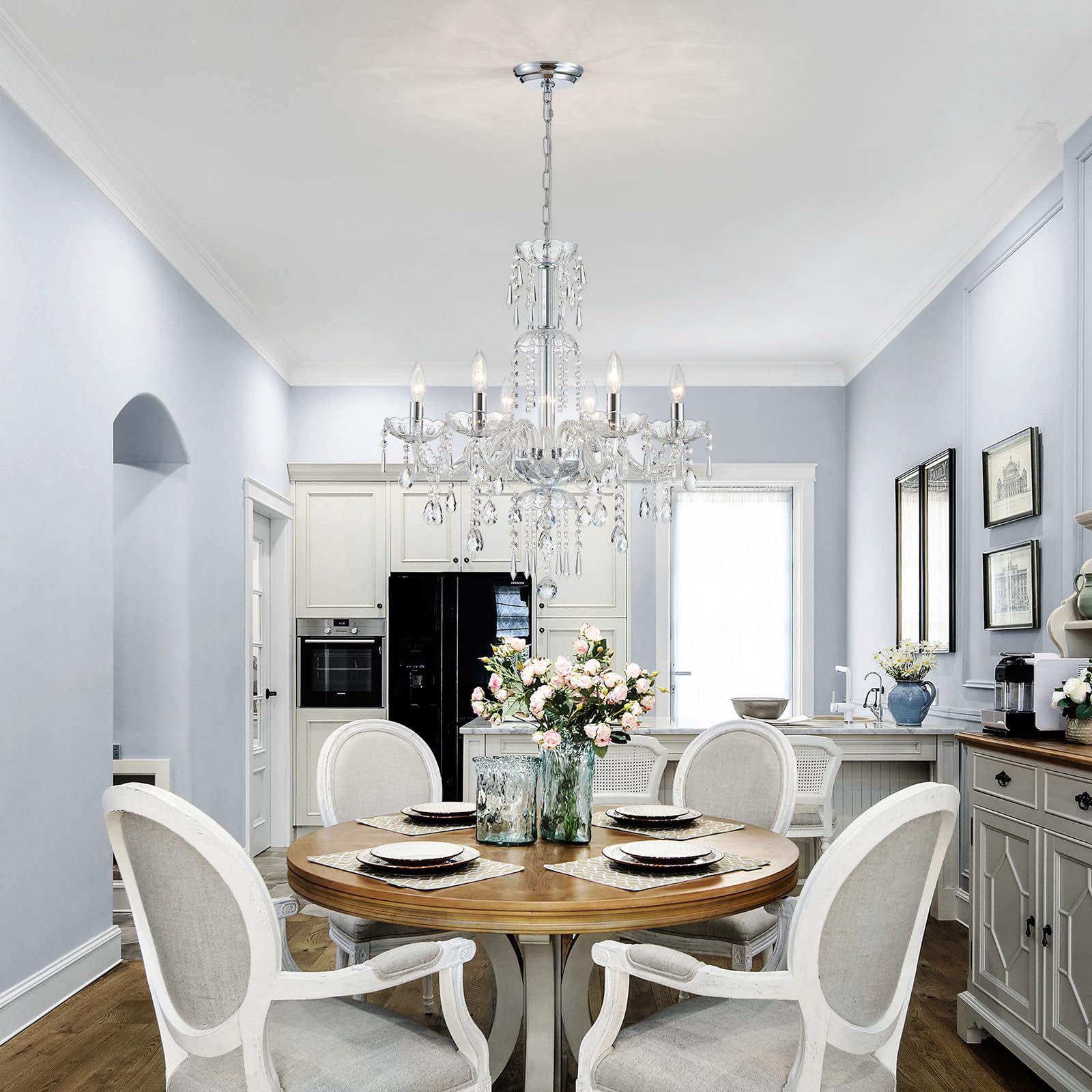 Wuzups 6-Light Crystal Candle Chandelier Pendant Ceiling Light Modern Lighting Fixture For Bedroom Hallway Bar Kitchen Bathroom  H 25.6 W 24.4  E12 Base  Chrome