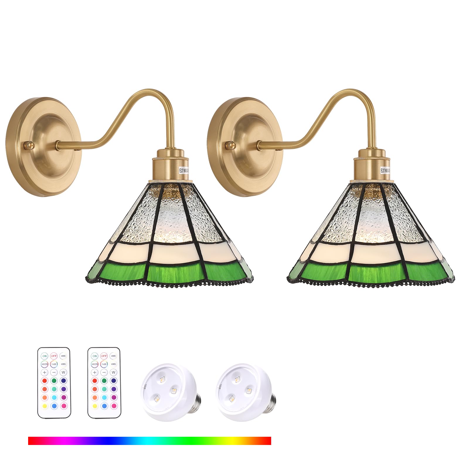 Shenmoyl Vintage Battery Operated Wall Sconce Set Of 2 With Remote, Rgb Led Wall Lamp 12 Colors Dimmable, Brass Lights Fixture For Bedroom Living Room Hallway Green Multilayer Petal