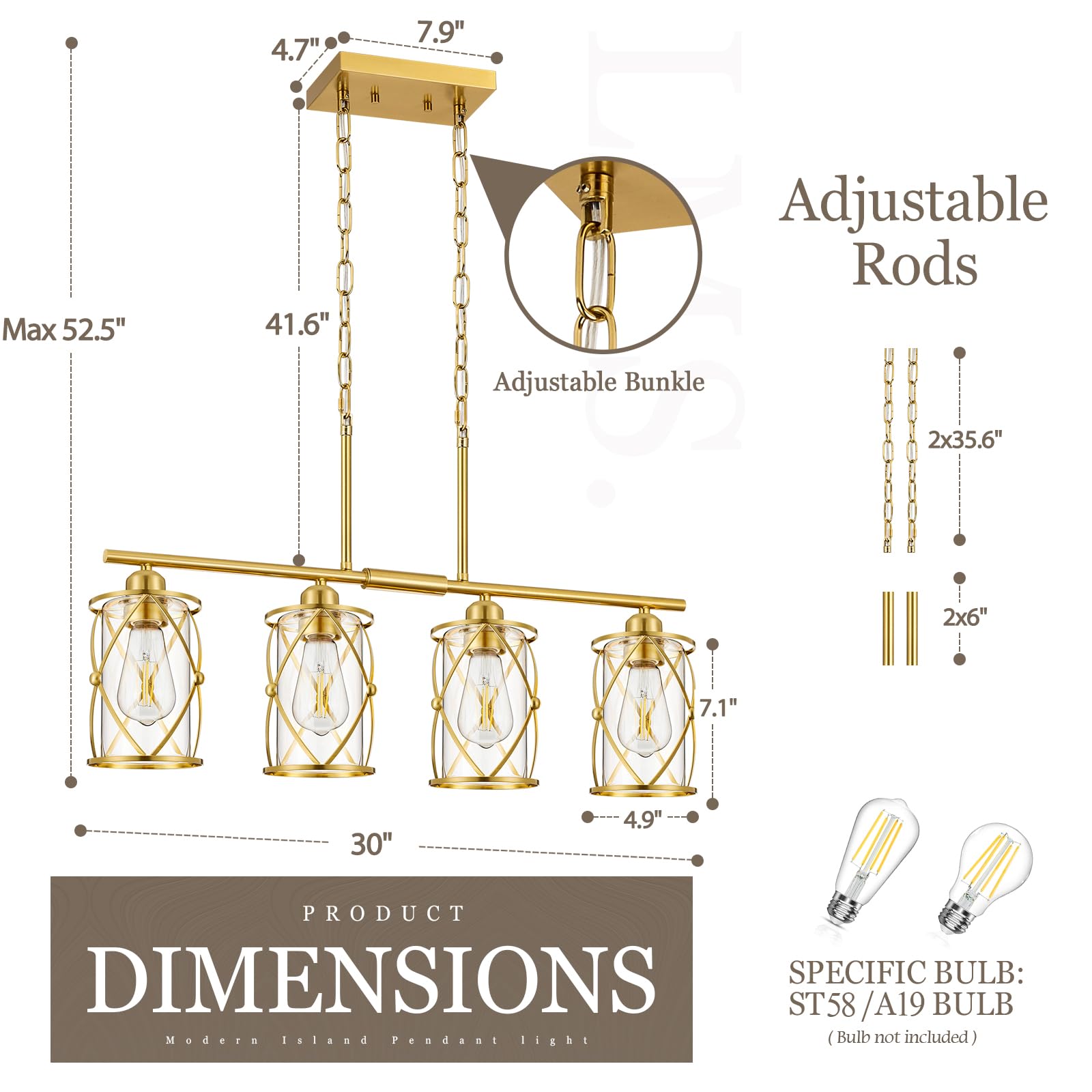 Osimir 4-Light Kitchen Island Lighting, Modern Brushed Gold Dining Room Light Fixtures With Clear Glass, Farmhouse Industrial Li