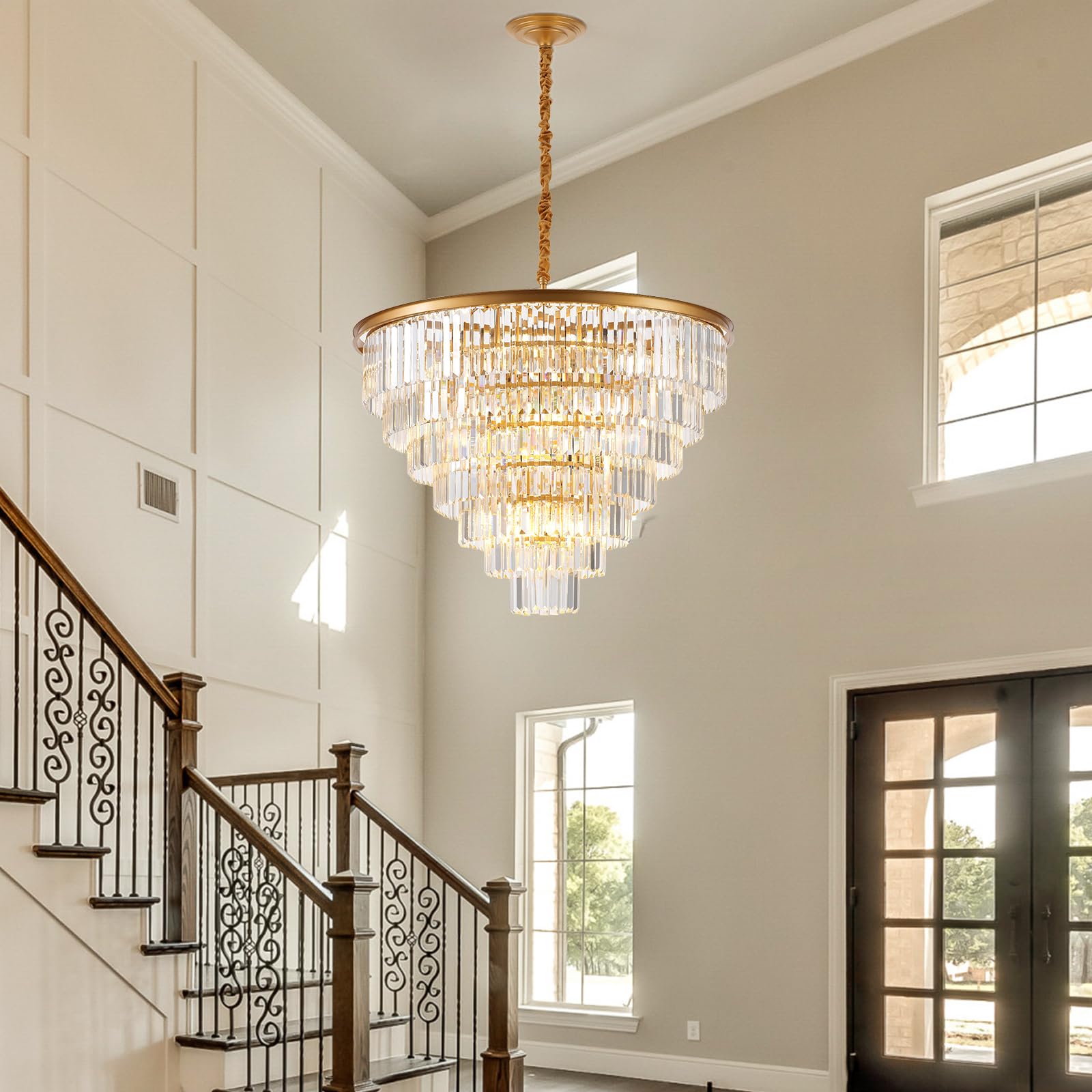 Brfaixla 7-Tiers 22 Lights Gold Crystal Chandelier stylish 35.46 Modern Contemporary Crystal Pendant Ceiling Lighting Crystals Light Fixture For Living Room Hotel Lobby Restaurant Foyer High Ceiling