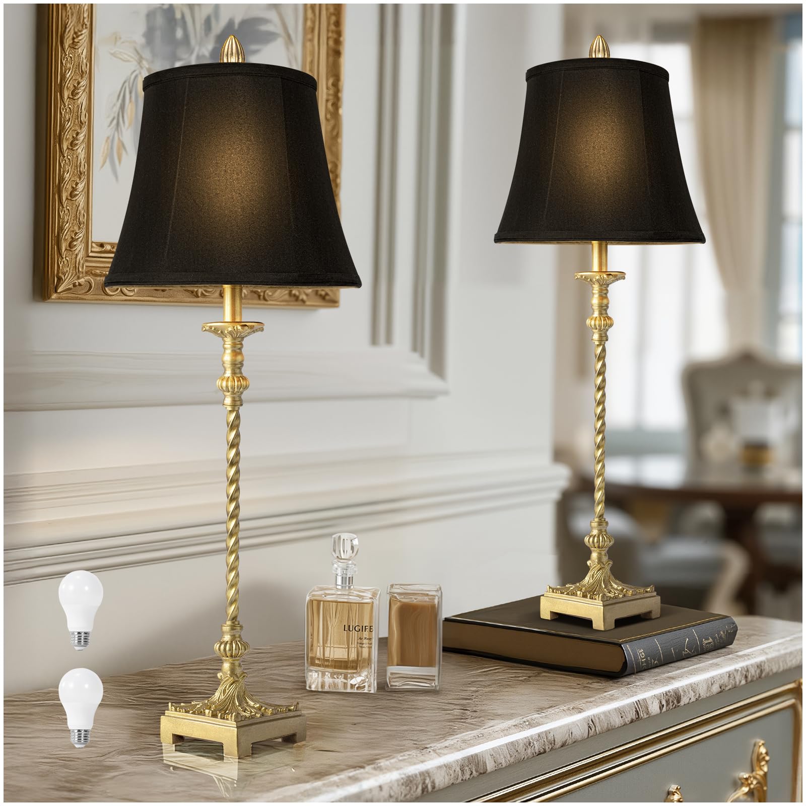 33 Tall Vintage Table Lamp Set of 2  Candle Stick Buffet Lamps with Gold Leaf Finish and Black Linen Shades  3-Way Dimmable Bulbs Included  Nightstand Lamps for Living Room Bedroom Dinning Entryway