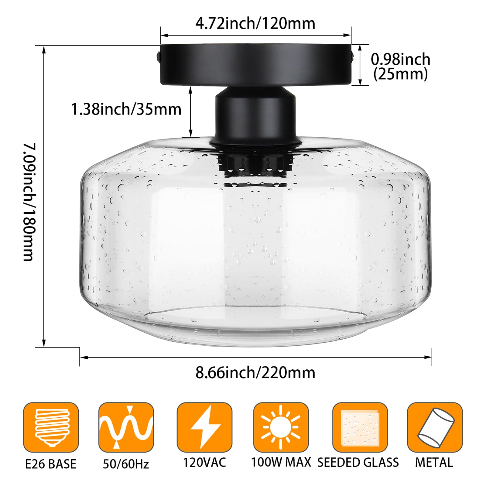 Sunrider Industrial Semi-Flush Mount Ceiling Light Fixture, Modern Seeded Glass Pendant Lamp, Black Farmhouse Hanging Lighting F