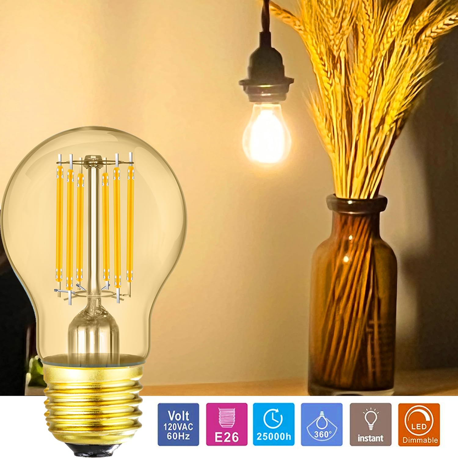 Leools A15 LED Bulb 8W Dimmable E26 Edison Warm White 2700K Amber Glass Pack of 6