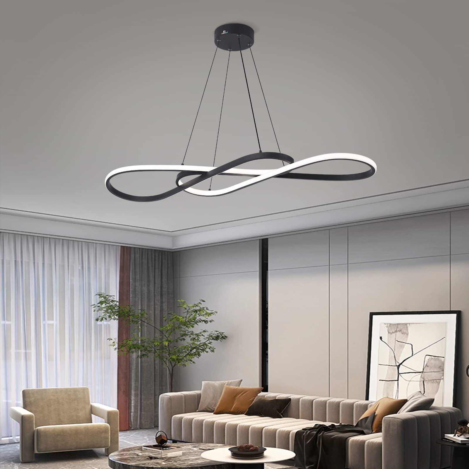 Afaoel Modern Led Dimmable Chandelier 45W Color Temperature 3000K-4000K-5000K Creative Design Suitable For Living Room Dining Room Kitchen Island Bedroom Foyer Note The Shape (Black, 40 Inch)