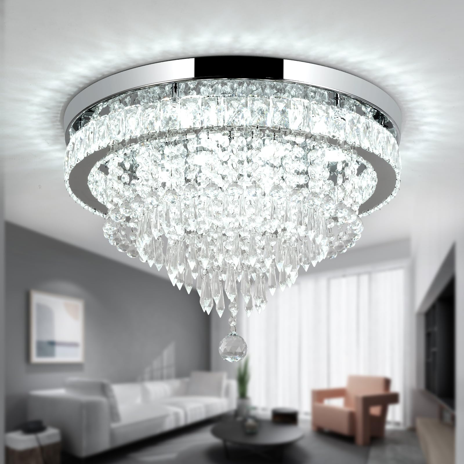 RHEAFON Crystal Chandelier 19.7 Inch LED Crystal Ceiling Light 5 Tier Modern Flush Mount Chandeliers for Living Room Dining Room