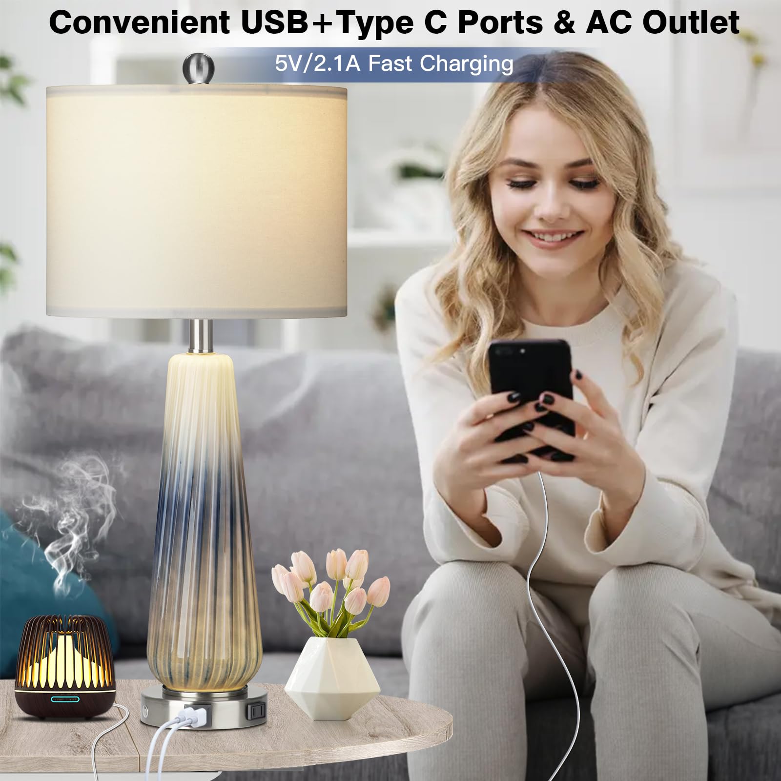 28" Glass Table Lamp Set Of 2, Modern Table Lamps With Usb A+C Ports & Ac Outlet, Touch Control Bedside Nightstand Lamp With Led Night Light & White Fabric Shade For Living Room Blue(4 Bulbs Included)