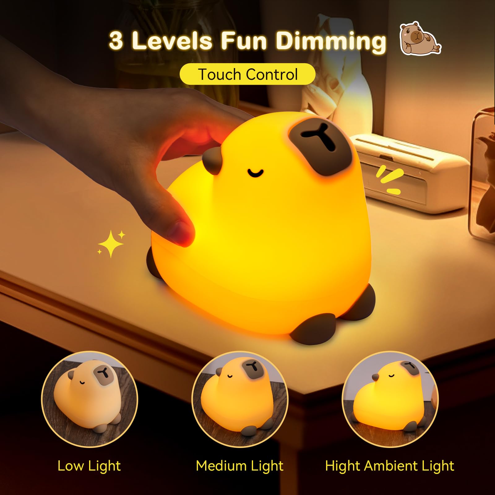 TCMOT Cute Capybara Night Light for Kids, 3-Level Dimmable Nursery Nightlight, Silicone Squishy Light Up Gifts, Rechargeable Bed