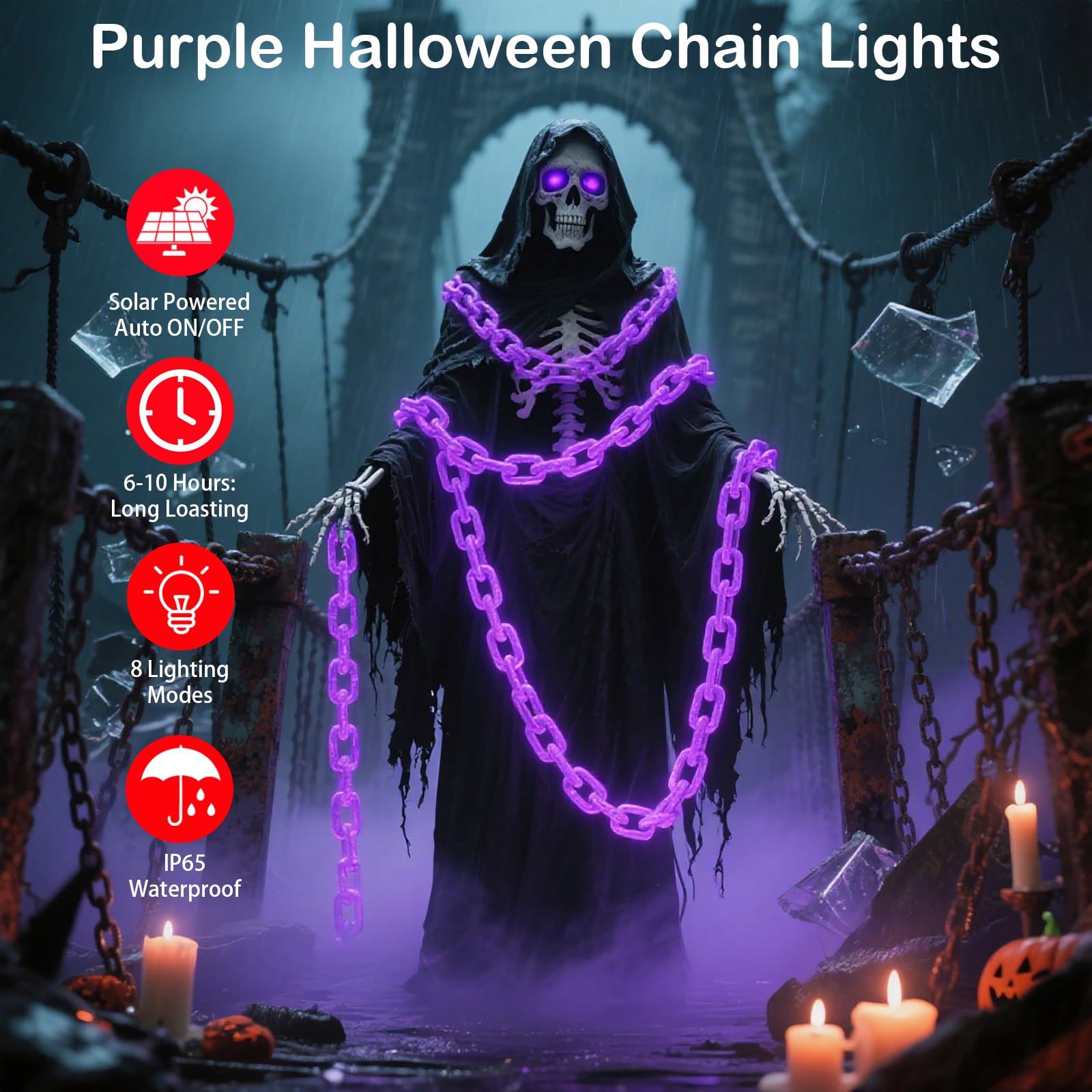 Ohwewant Solar Halloween Decorations Outdoor  10Ft Purple Chain Lights  Waterproof Solar Halloween Lights For Outdoor Haunted House Party Skeleton Dog Cosplay Props Yard