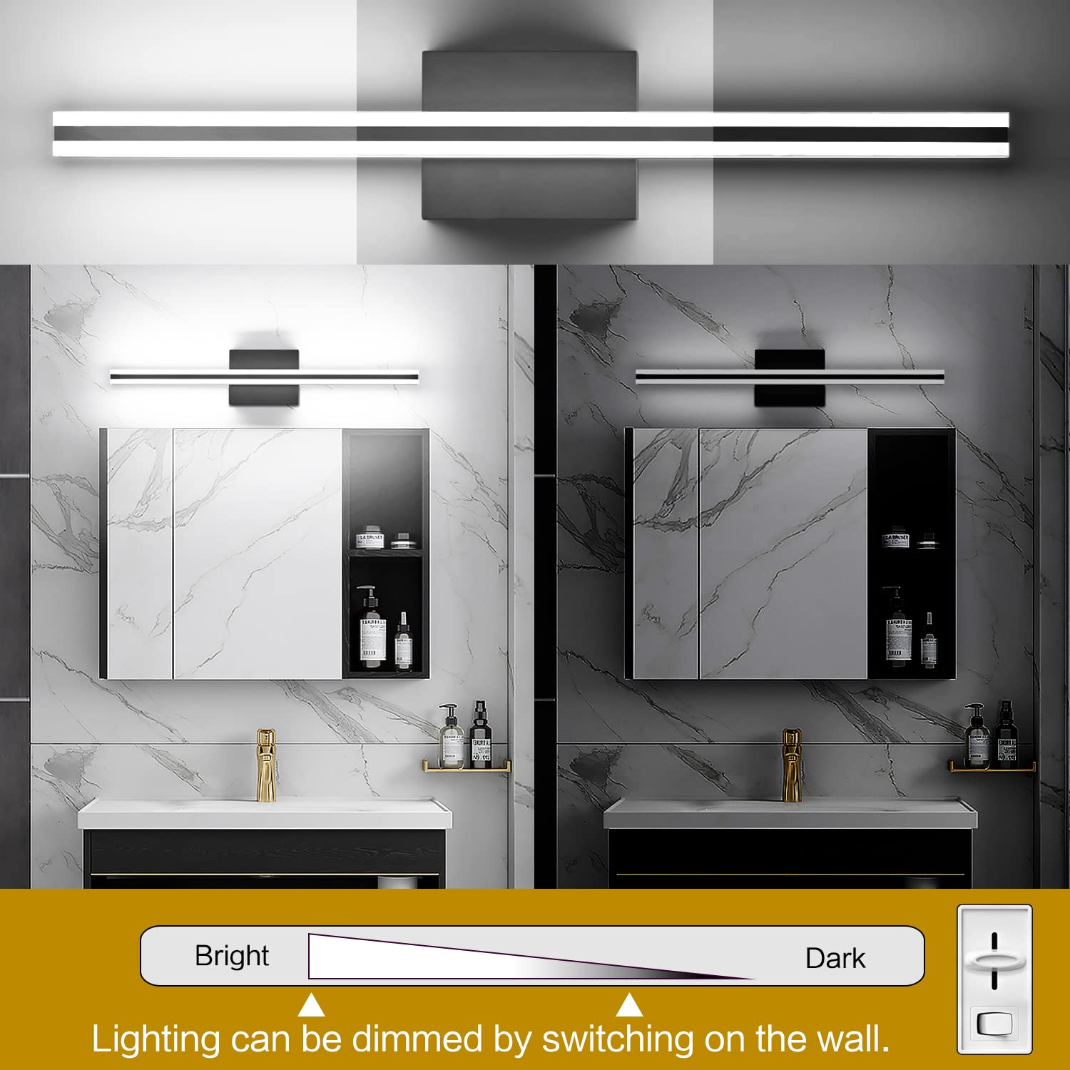 SOLFART Dimmable Black Bathroom Vanity Light Fixture, 24" Aluminum & Acrylic Over Mirror Lighting