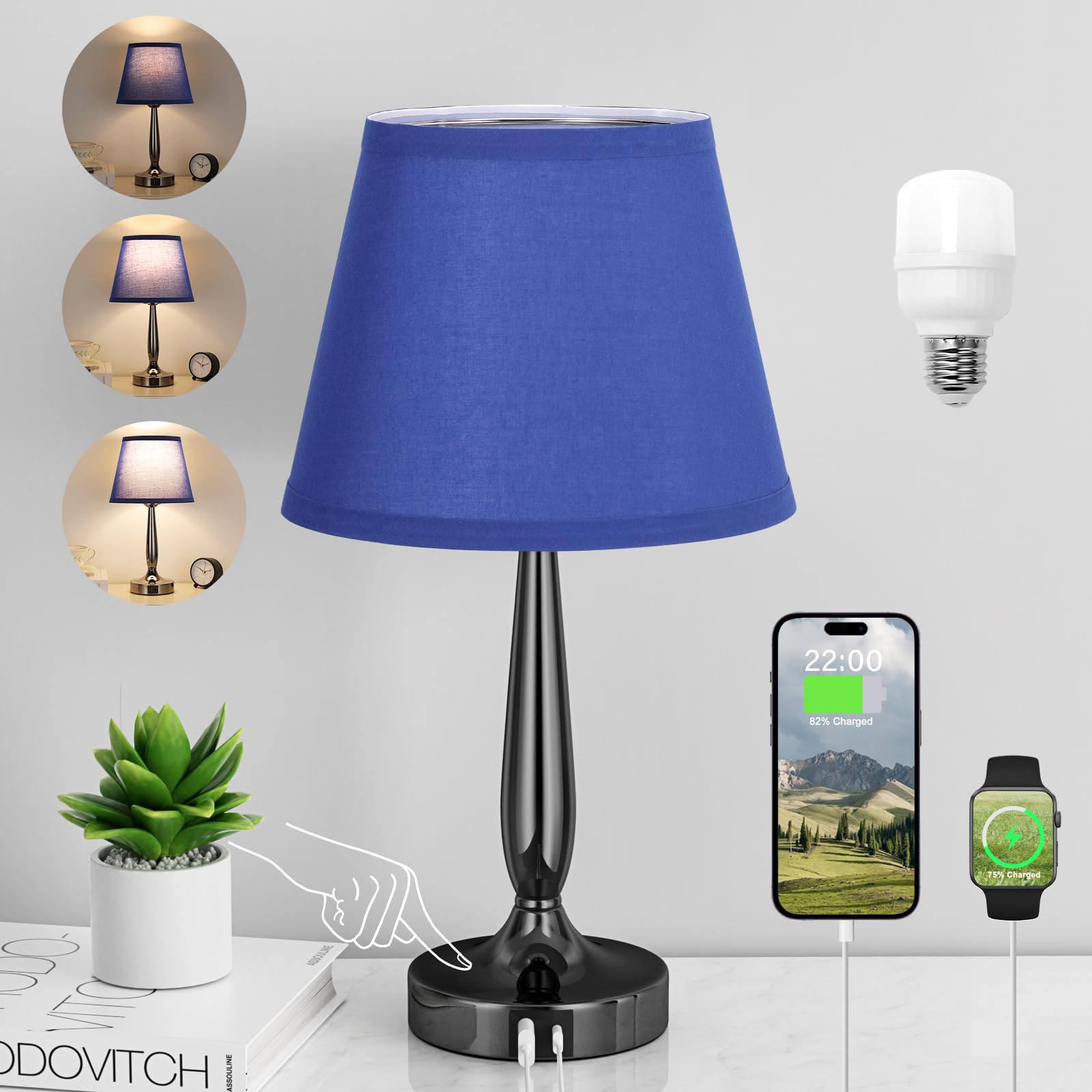 Kakanuo Touch Bedside Lamp For Bedroom With Usb C Port, Small Touch Table Lamp With 2 Usb Charging Ports, 3 Way Dimmable Nightst