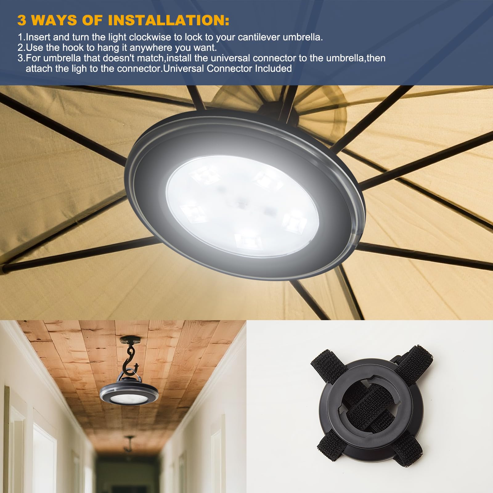 Rechargeable Patio Umbrella Lights with Remote Control, Battery Operated Cantilever Umbrella Light with 3 Brightness, Outdoor LE