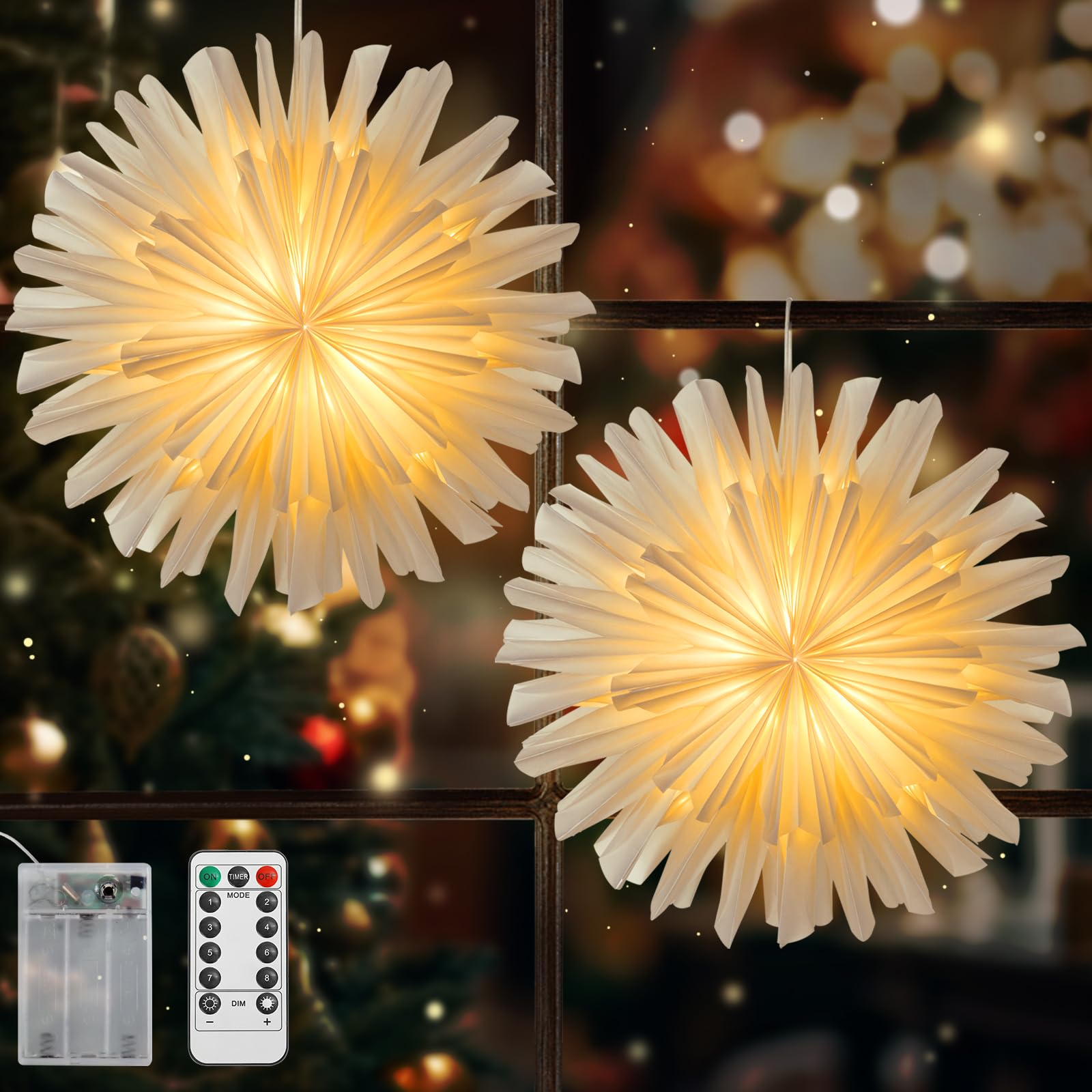 Lewondr Christmas Paper Star Lantern 2 Pack, Hanging Star Light with Remote Control, Led Paper Lanterns with Lights 6H Timer, Ch