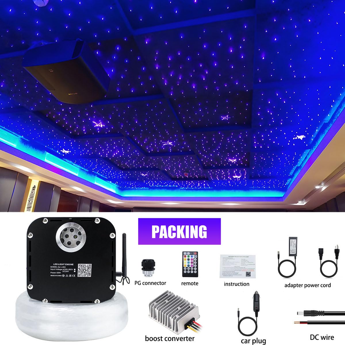 Azimom High Brightness 50W Twinkle Fiber Optic Starlight Kits Mixed800Pcs 16.5Ft Fiber Strands End Glow Sound Activated Bluetooth/App Remote Control Theater Ceiling Home Shop Lobby Roof Decor