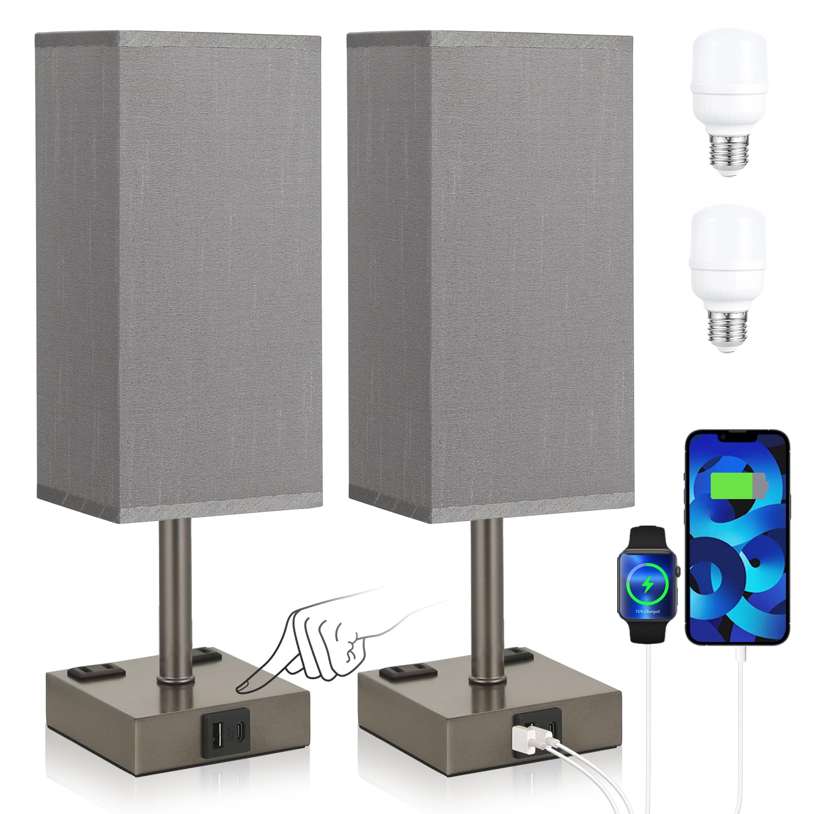 Aooshine Dark Grey Touch Lamps Set Of 2 - Nightstand Lamp With Usb-C + A Charge Ports & Ac Outlets, 3-Way Dimmable Bedside Lamp,