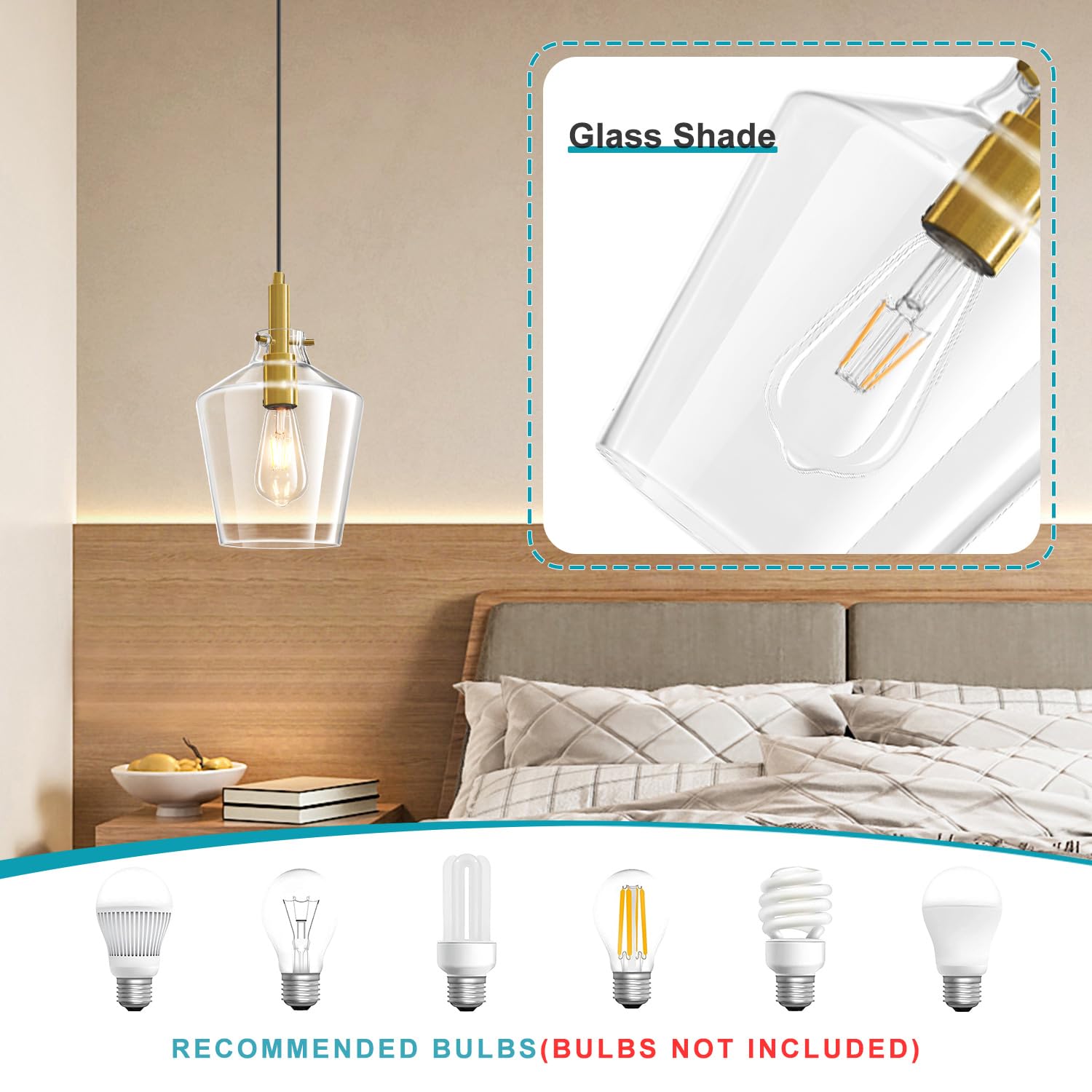 Vaziden Modern Glass Pendant Lighting For Kitchen Island  Farmhouse Gold Pendant Light Fixtures 1 Pack  Adjustable Hanging Ceiling Light Angled Clear Glass Shades 8 Inch