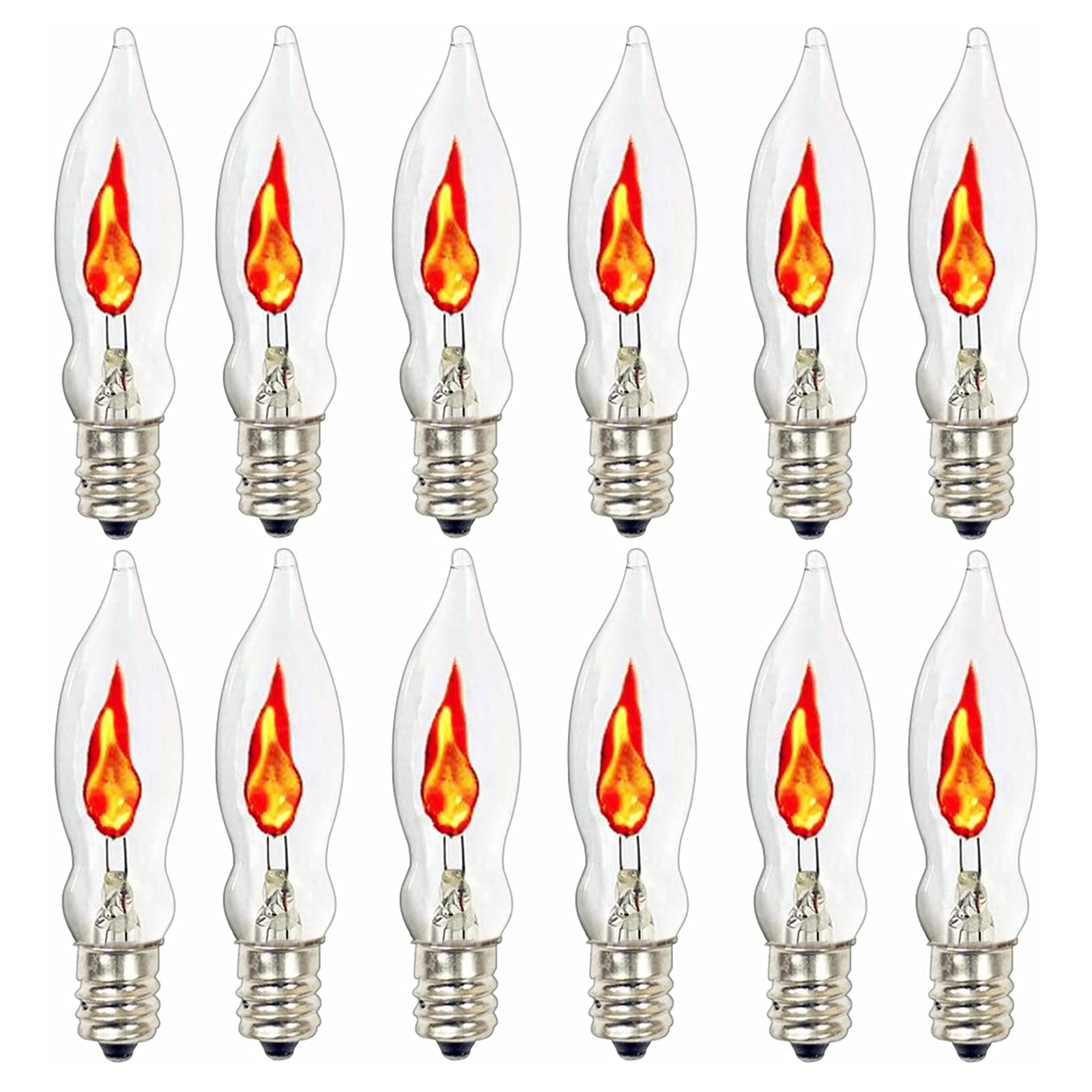 SUNSGNE Flicker Flame Light Bulbs, C18 Clear Glass, 1 Watt, E12 Base, 12 Pack