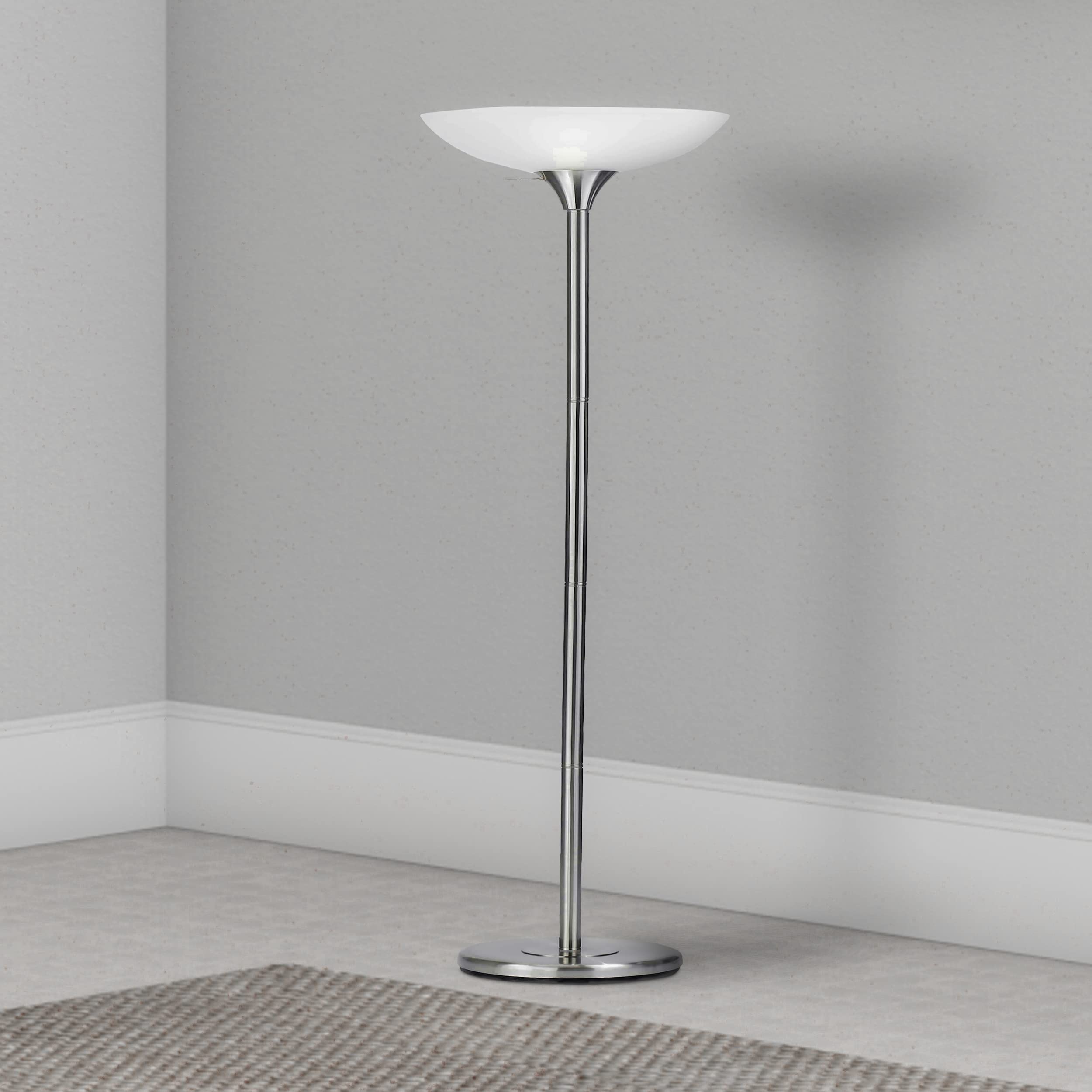 Benzara 3 Way Torchiere Floor Lamp, Frosted Glass Shade, Metal, White, Model BM223598