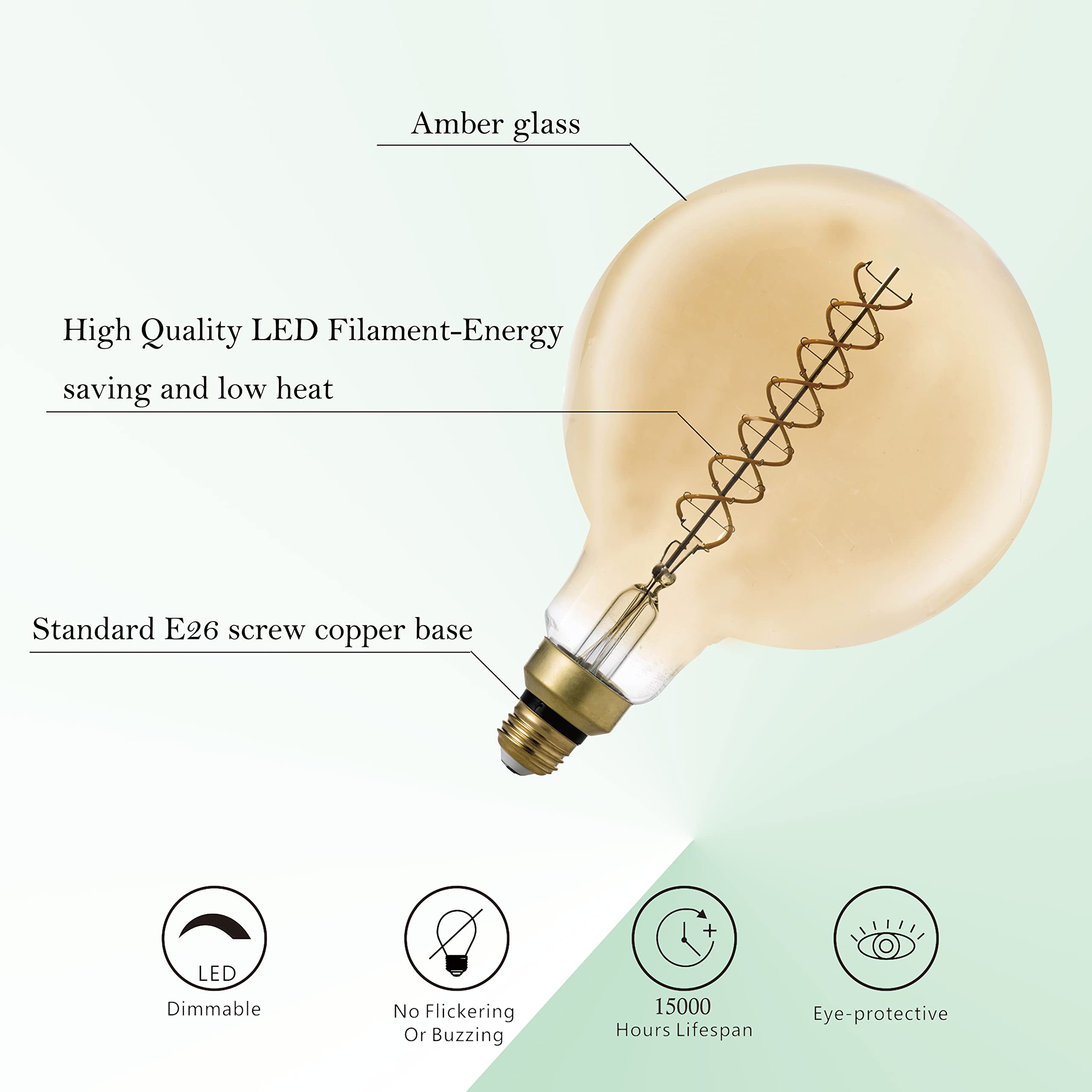 SD LUX Oversized Vintage Giant LED Light Bulb, Dimmable 8W, Warm White 2200K, Extra Large G63/G200, Amber Glass, E26 Base