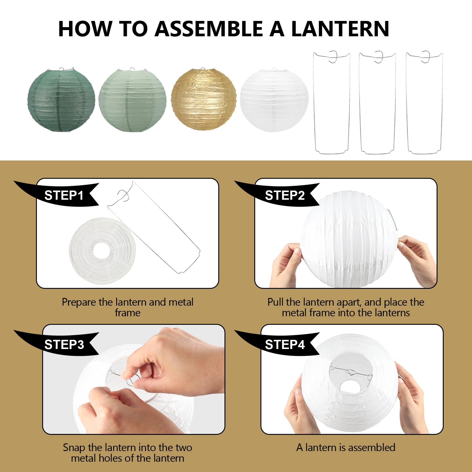 Sage Green Paper Lanterns,16Pack Gold Green White Party Decorations With Tape And String,Hanging For Bridal Shower Decor,Graduat