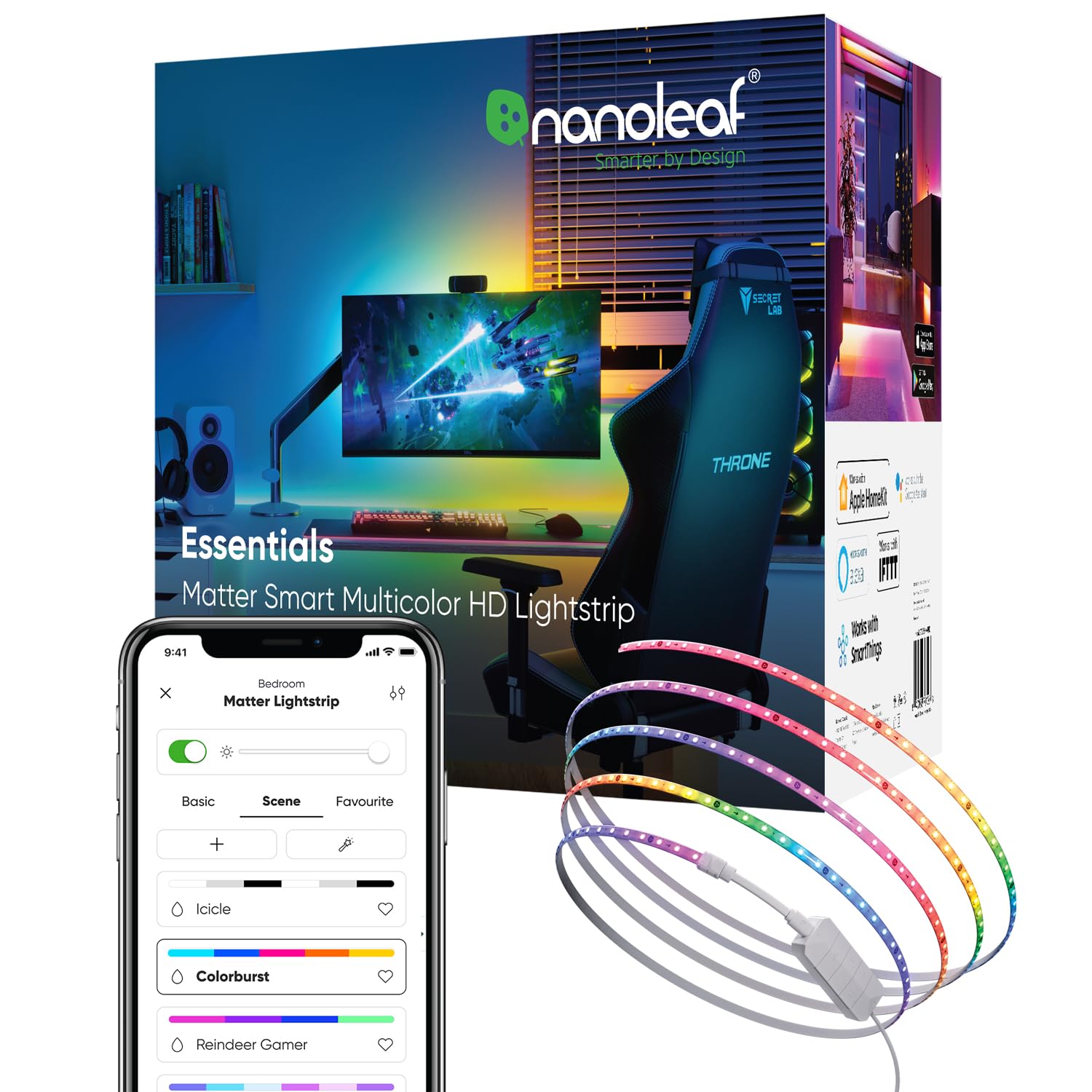 Nanoleaf Essentials Smart Multicolor LED Lightstrip, 200in (5m), Bluetooth & WiFi, RGB & Whites, Model NF085K03-5ALS