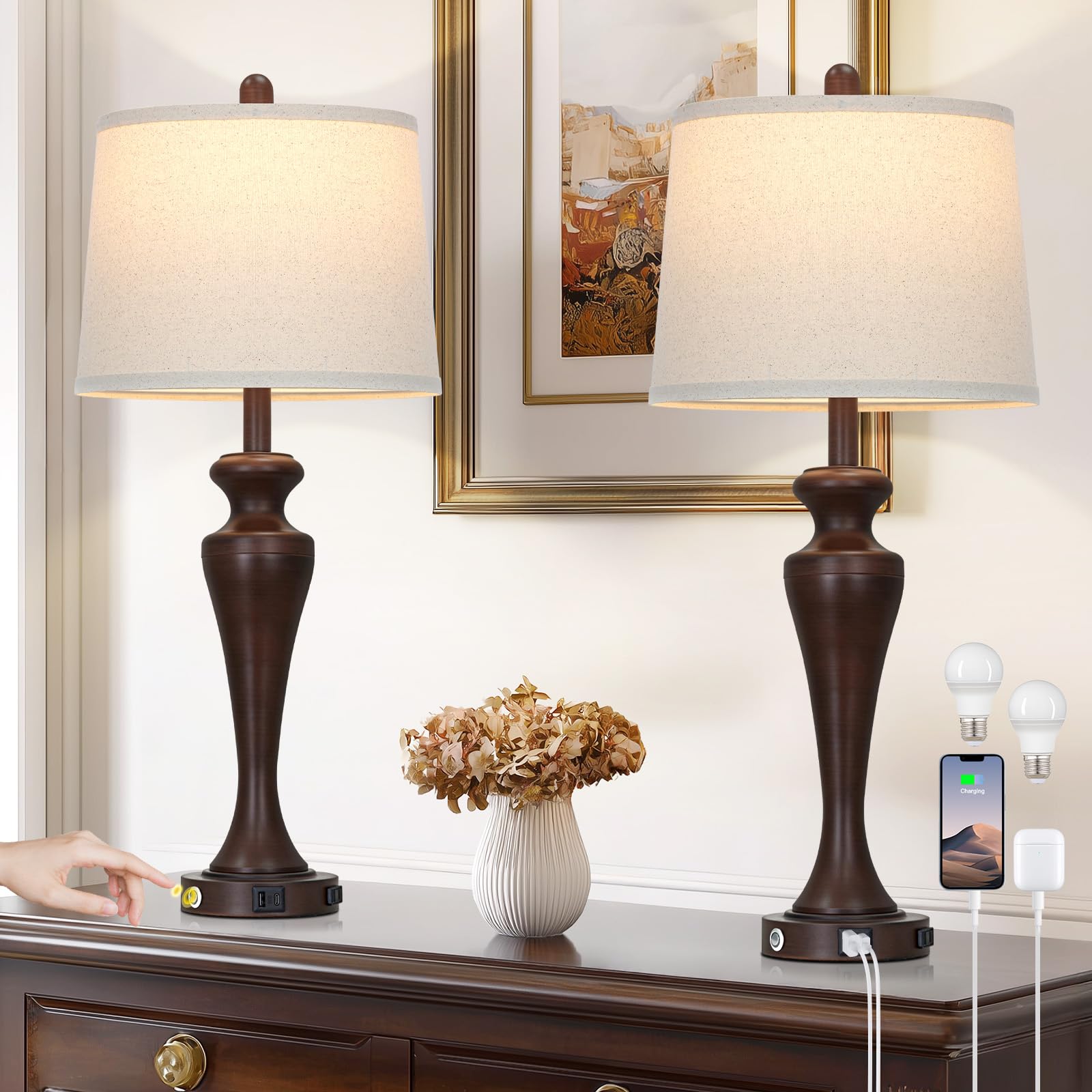 luxeflow 30 Brown Touch Table Lamps Set of 2  3-Way Bedside Lamp with USB A+C Ports and AC Outlet  Tall Living Room Lamps for End Table  Modern Metal Bedroom Lamp for Night Stand