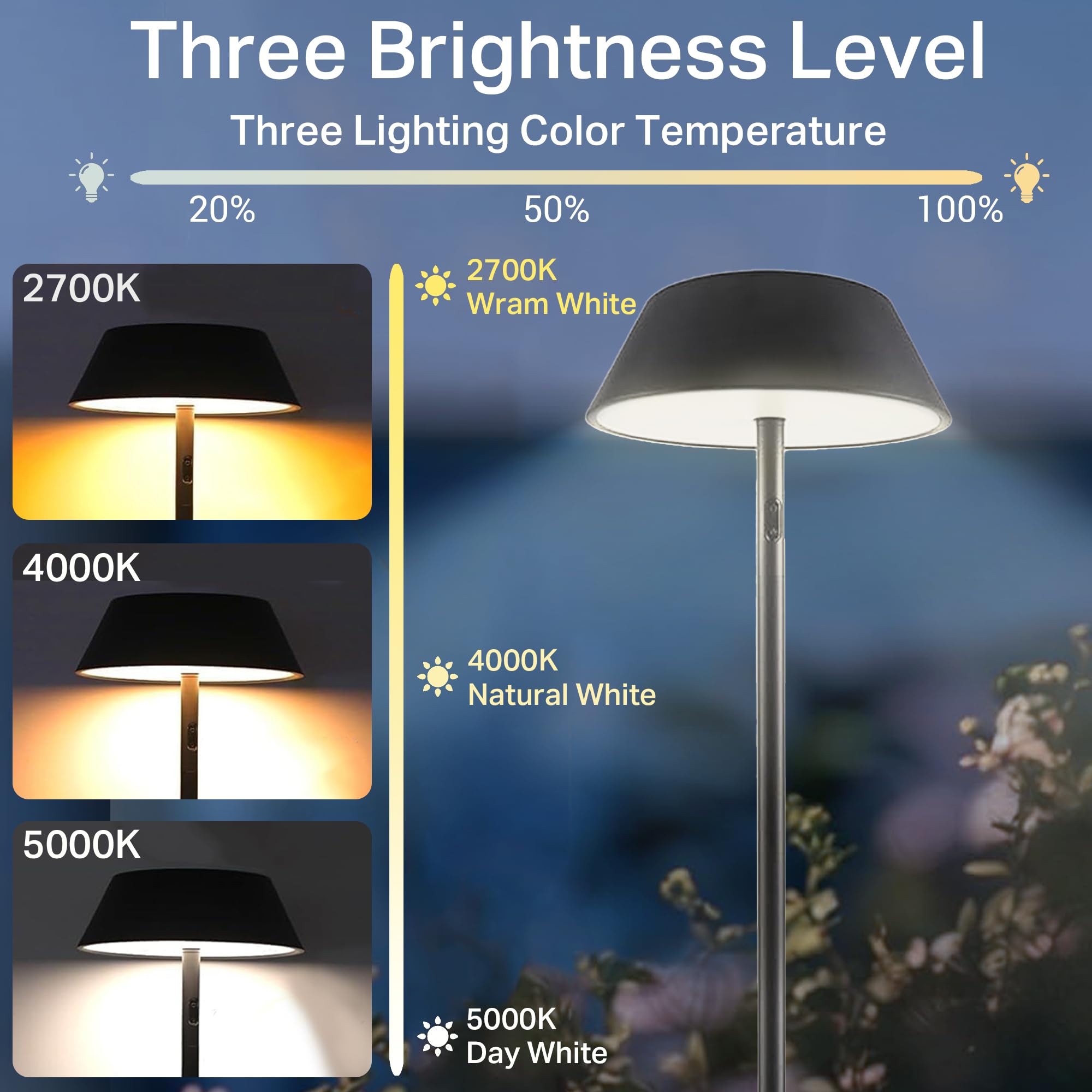 Outdoor Solar Powered Floor Lamp For Patios, Decks, Outdoor Living Spaces, Reading - Tall, Ultra Bright, Cordless, 3 Different L