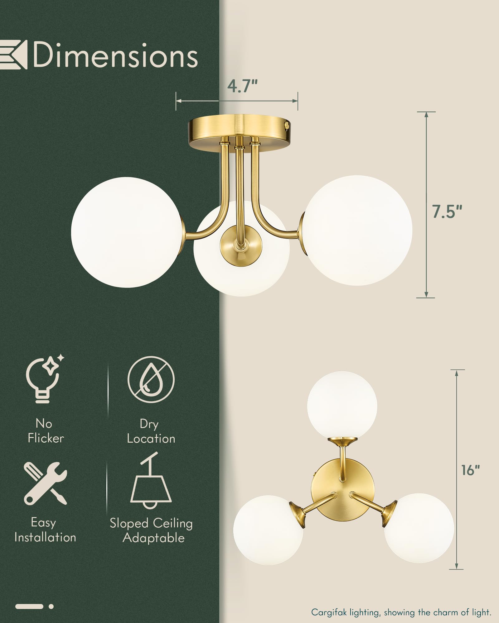 Cargifak 3-Globe Gold Semi Flush Mount Ceiling Light In A Modern Farmhouse Design Is Ideal For Living Rooms, Bedrooms, Or Dining