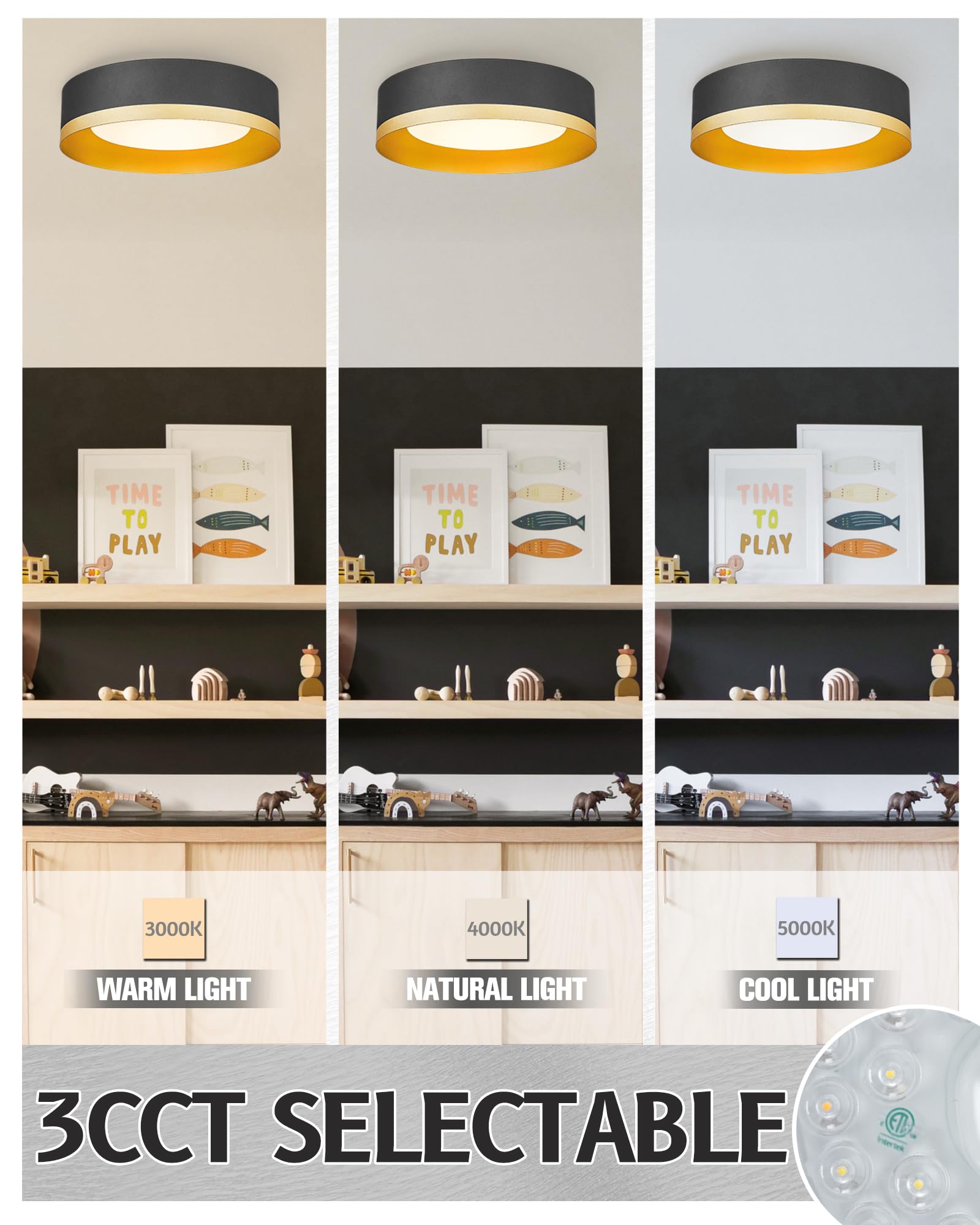 Autelo Black Flush Mount Ceiling Light, 14" Led Ceiling Light, 3Cct Light Fixtures Ceiling Mount With Frosted Glass In Black And Gold Metal Finish, Ceiling Light Fixture For Bedroom, C3337Xs Bk Led