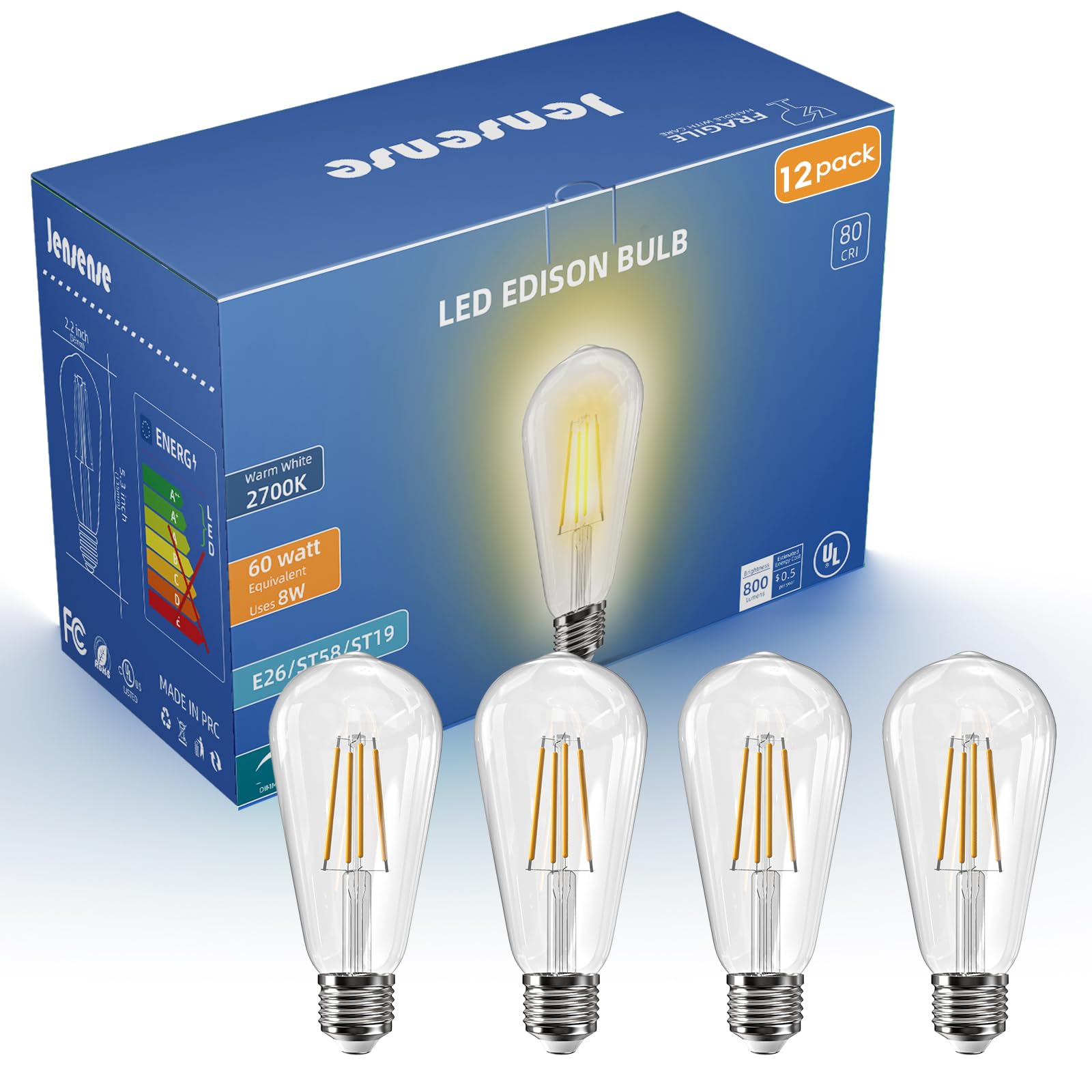 Jensense Edison Led Light Bulbs 8Watt Dimmable Light Bulbs 2700K Warm White, E26 Led Bulb 60Watt Equivalent, Led Vintage Bulbs 8