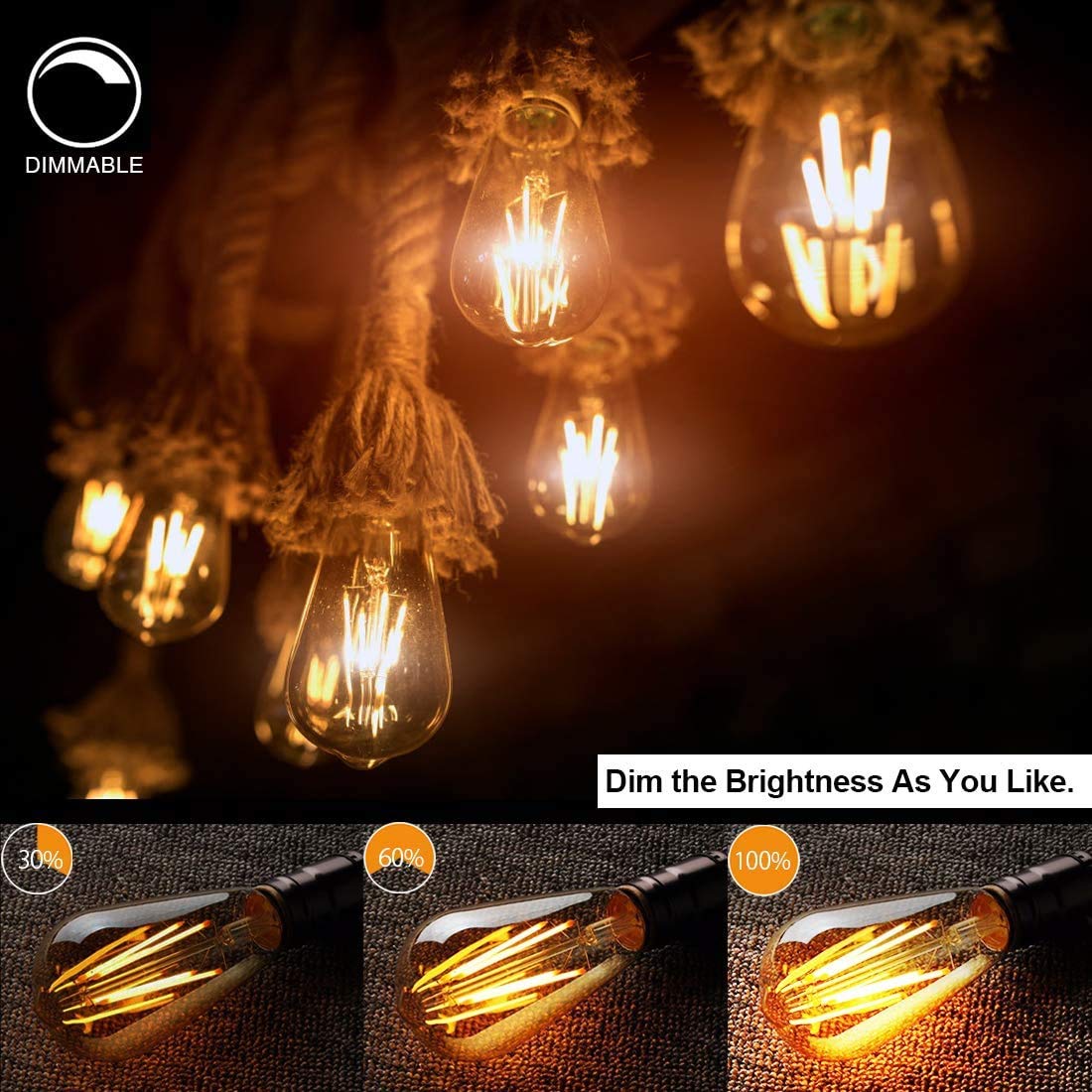 Luxon Dimmable Led Edison Bulbs, 4W (40W Equivalent), 2700K Warm White, St64 Amber Glass, E26 Base, Pack Of 4