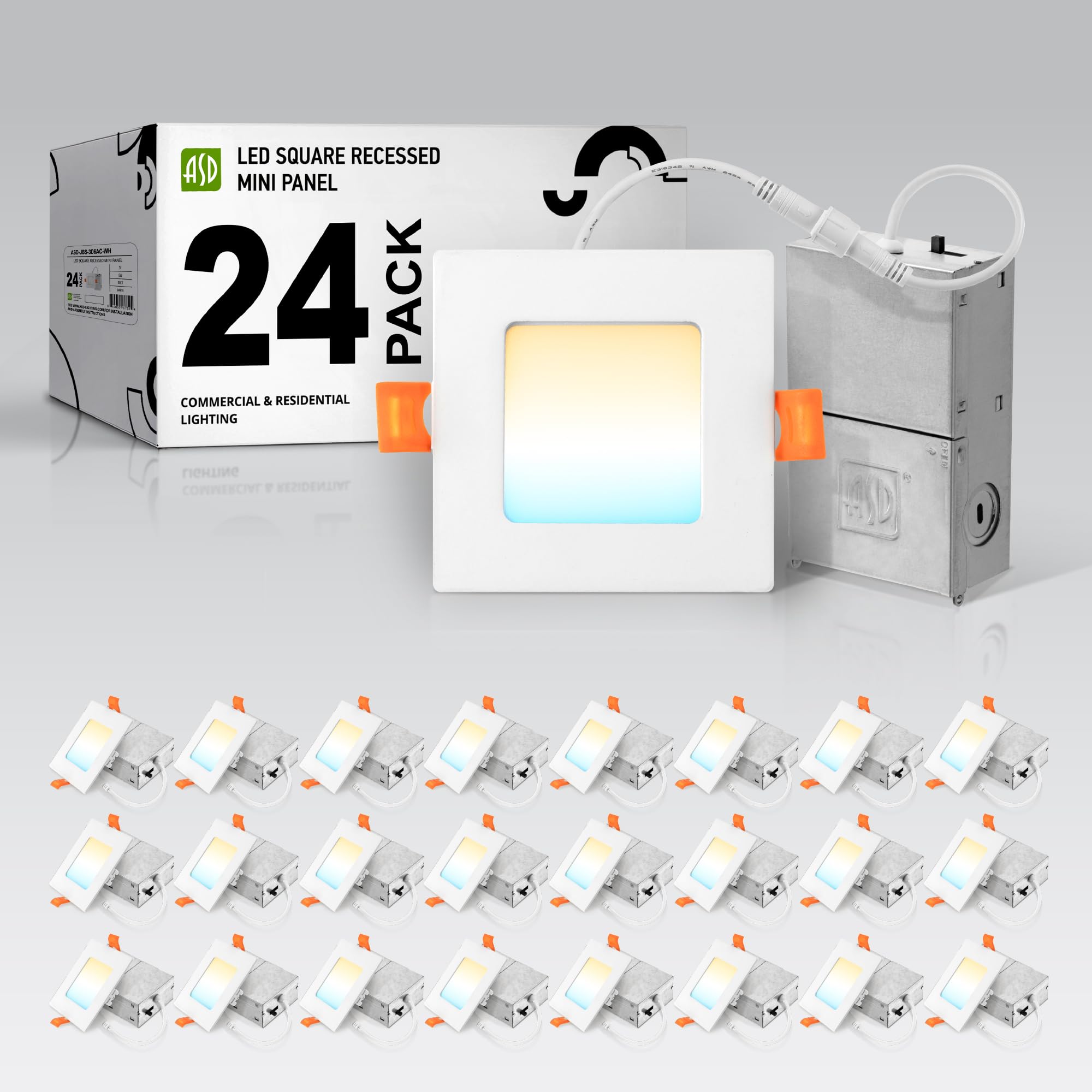ASD 24 Pack LED Square Recessed Lighting 3 Inch  5 CCT 2700K-5000K CRI90+  6W 30W Eqv  Ultra Thin Dimmable Ceiling Lights with J Box  Canless Wafer Downlight  Slim Panel Light  UL Energy Star  White