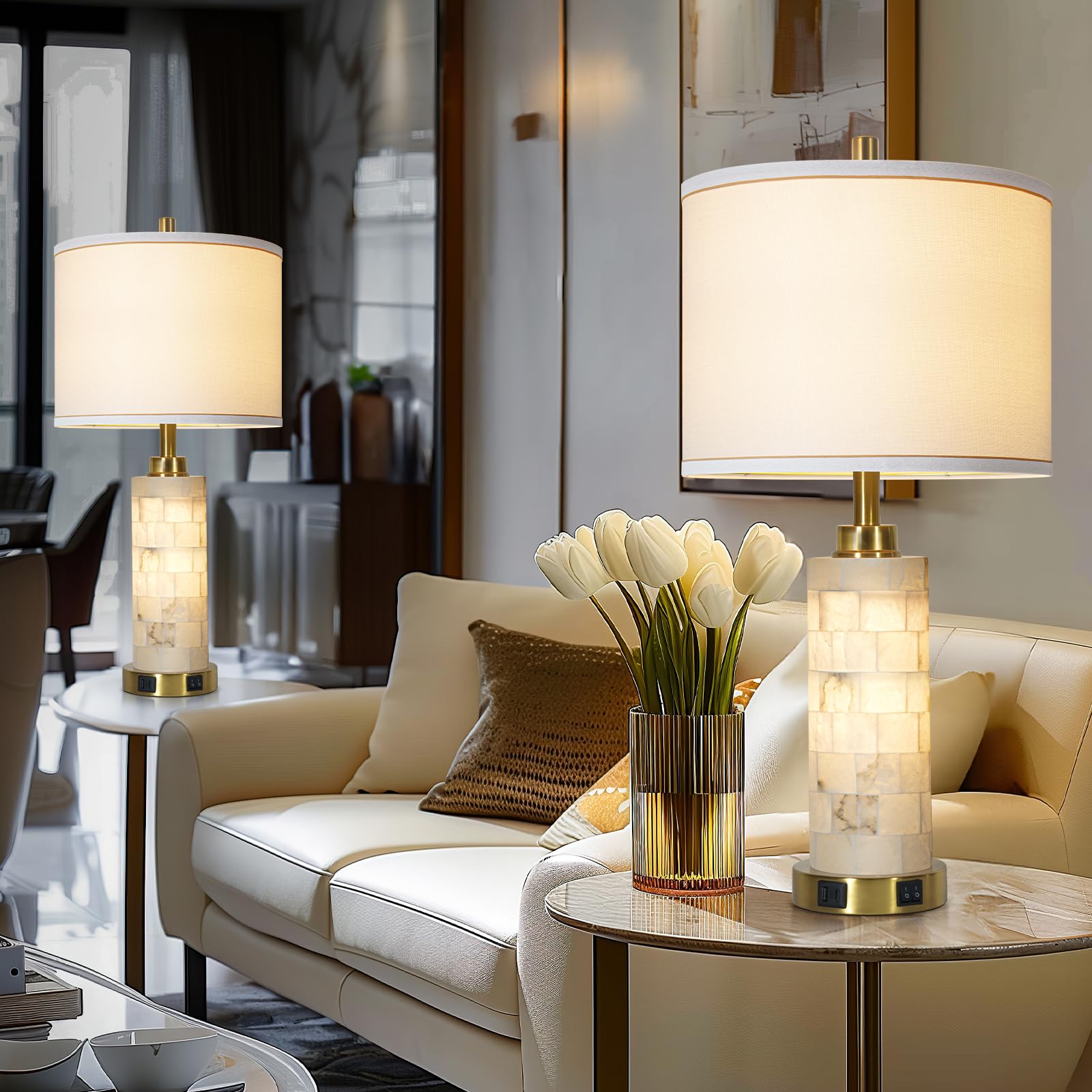 Rustic Natural Alabaster Table Lamp Set Of 2 With Night Light For Living Room Nightstand Table Lamp With 2 Usb Ports For Bedroom