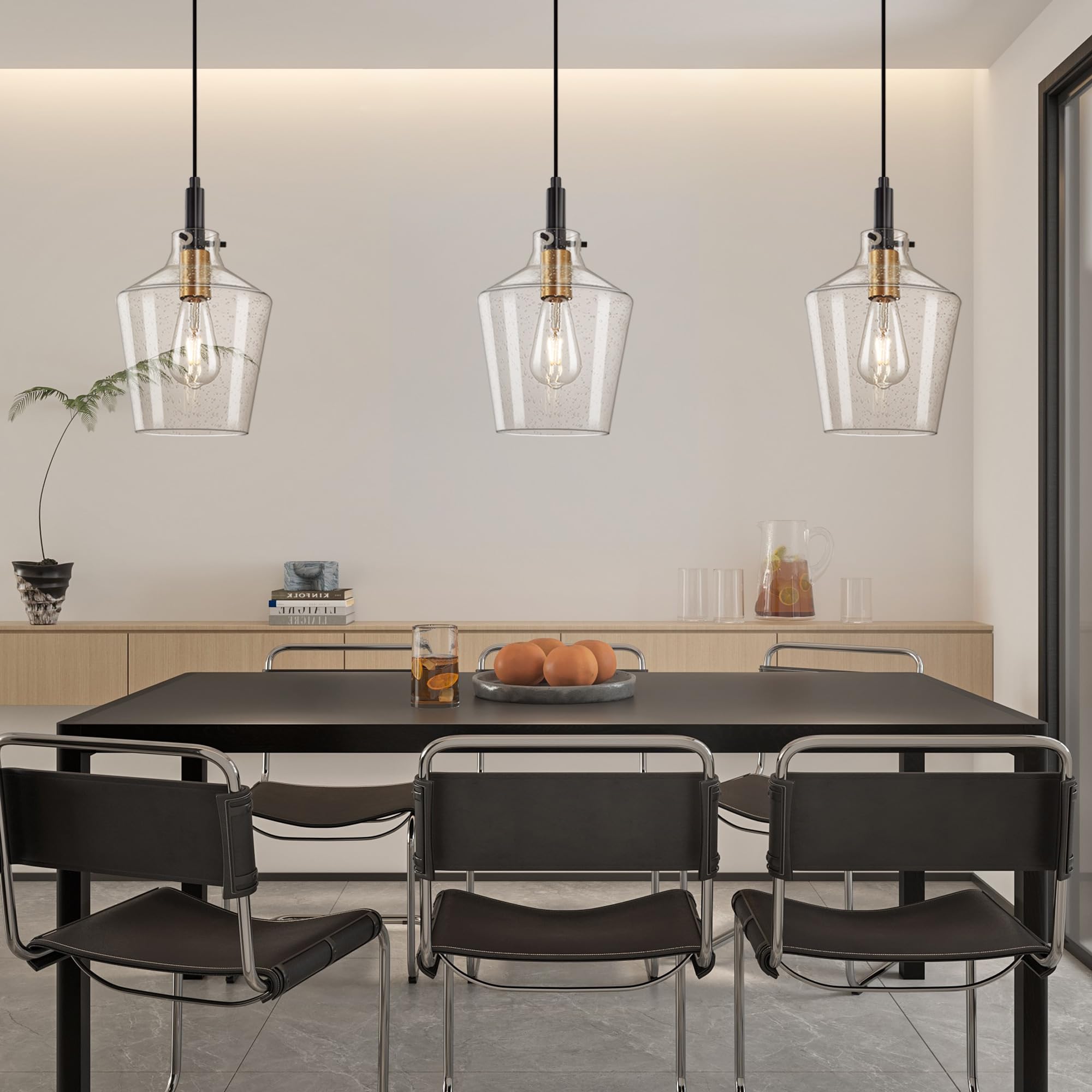 Vaziden Modern Seeded Glass Pendant Light, Adjustable 8" Black Gold Fixture, Farmhouse Style, Model 1508, 1 Pack