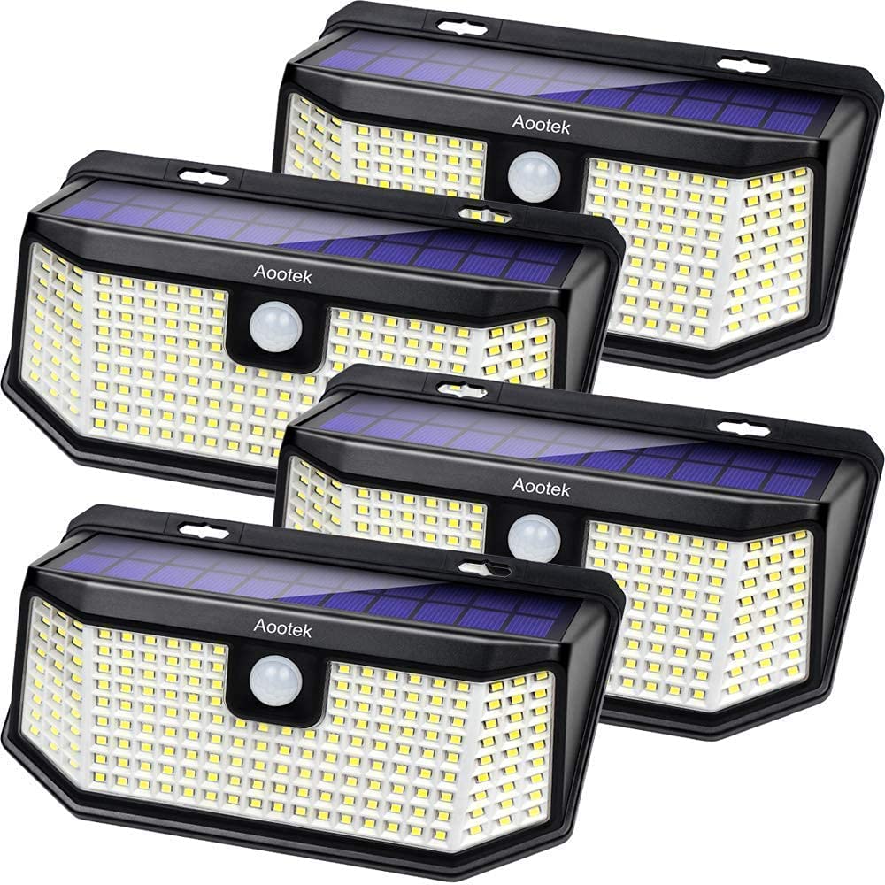 Aootek Solar Outdoor Motion Sensor Lights 2500Lm Solar Panel to 15.3 in and 3 Modes(Security/Permanent On All Night/Smart Brightness Control) with IP65 Waterproof with Wide Angle(4pack)