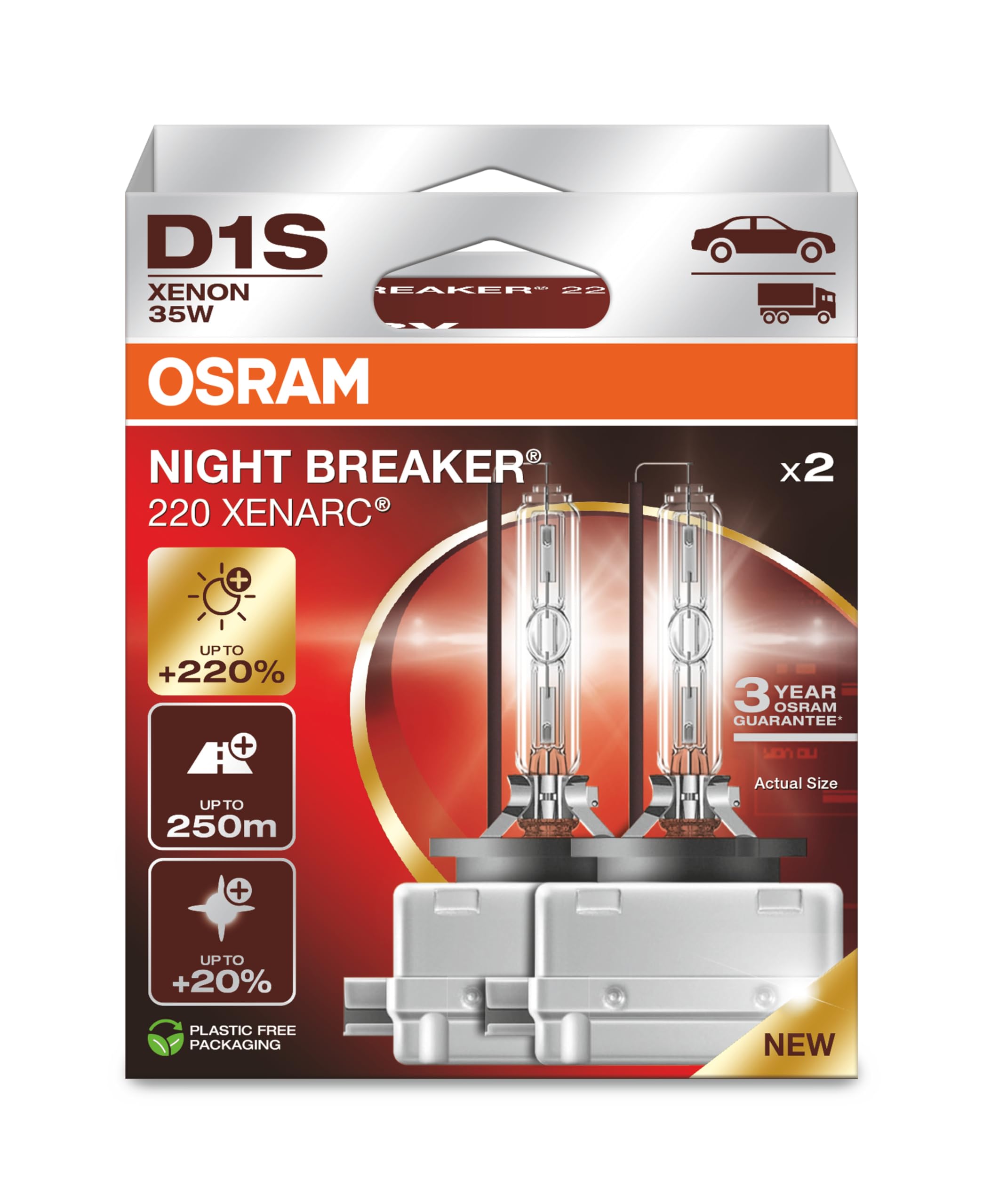 OSRAM Xenarc Night Breaker D1S Xenon Headlight Bulb +220% Brightness 2 Lamps Model 66140XN2-2HB