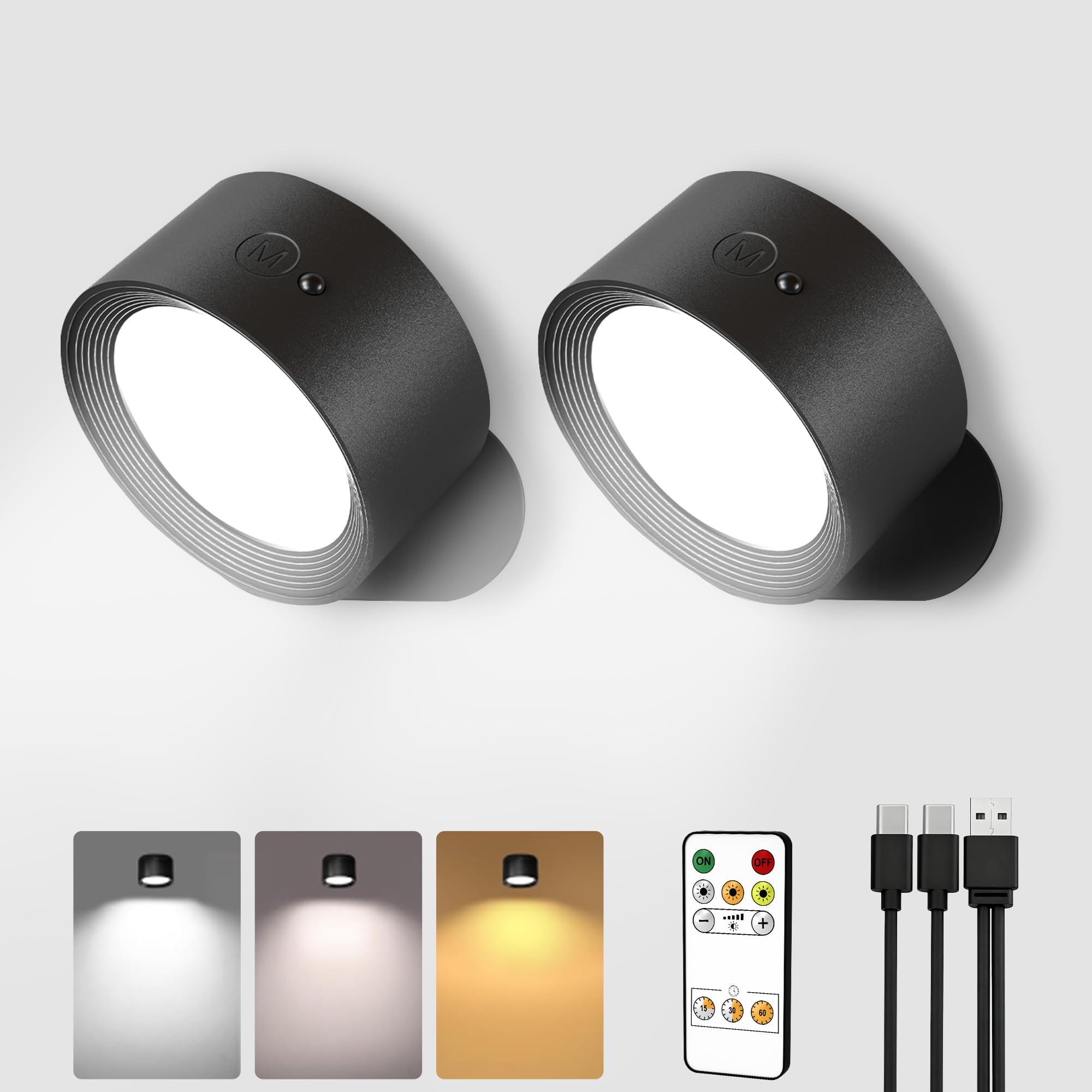 AMETHEUS LED Wall Mounted Lights, Rechargeable Wall Sconces Lamp, 3 Color Temps & Remote and Touch, 360Rotation Dimmable Cordles