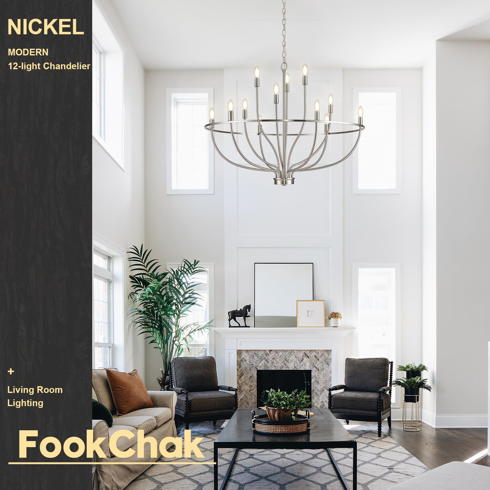 FookChak 12-Light Brushed Nickel Chandelier, 36in Metal Fixture for High Ceilings, Dining, Foyer, Kitchen